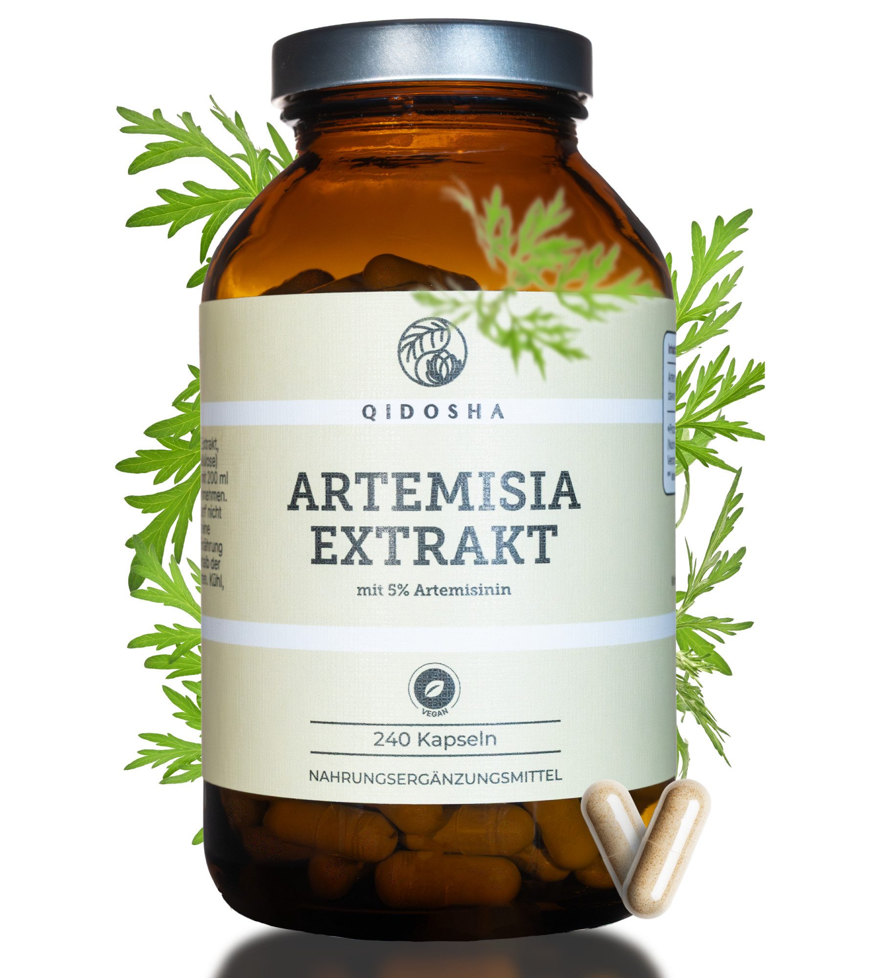 QIDOSHA Artemisia Extrakt Kapseln - Hochdosiert, Vegan & Wirkstoffgarantie Hartkapsel, 1 er Premium 8-Monatsvorrat Artemisia Kapseln 240 Stück à 240 St., 170 g, Beifuß Kapseln 15:1 - Artemisinin Sesquiterpenlactone für Wohlbefinden