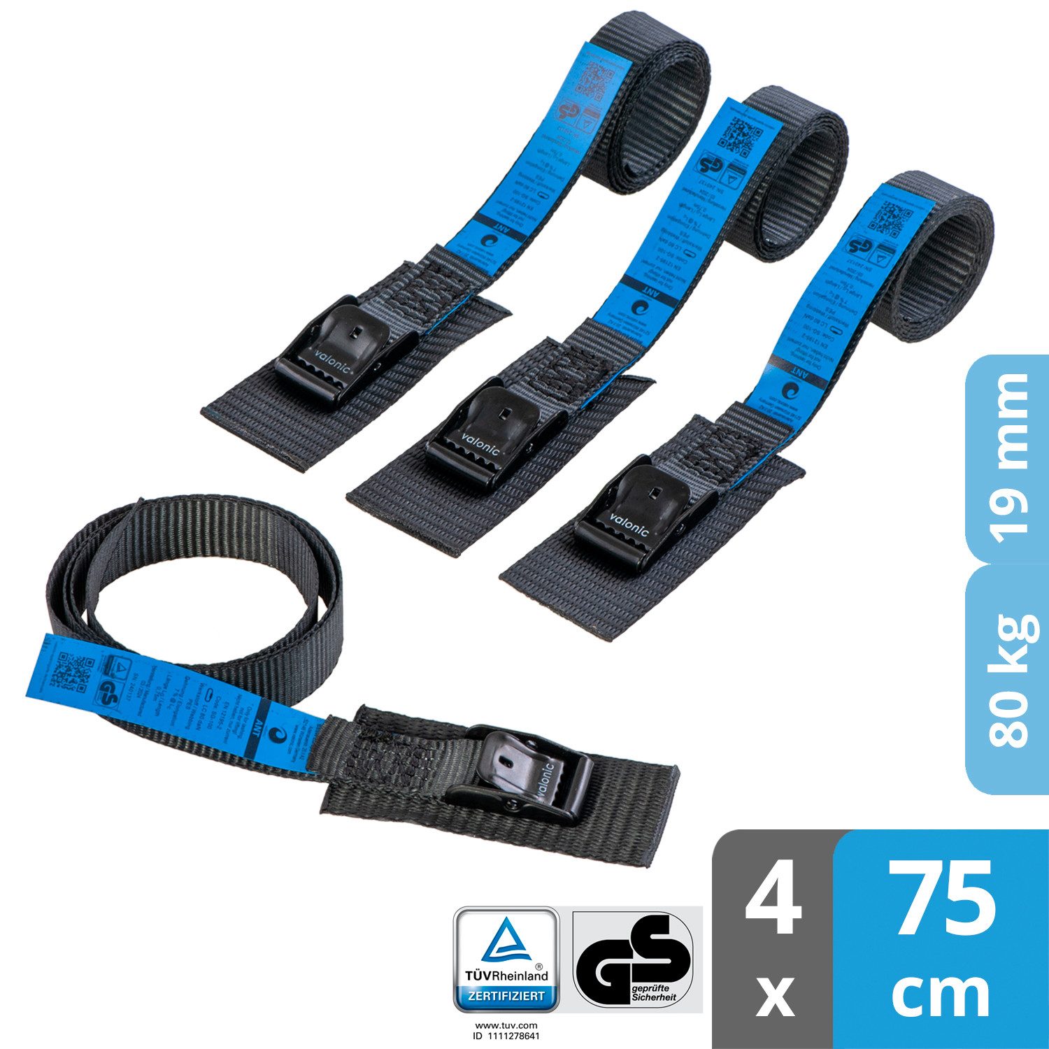 valonic Spanngurt Spanngurte Klemmschloss SG-100-075 (4 Stück, 75cm, 19mm) - ANT (4-St)