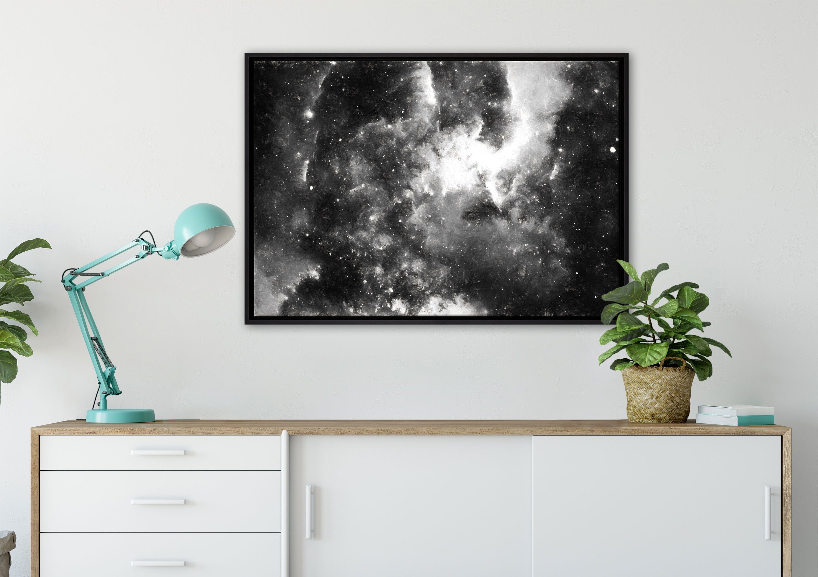 Sterne, fertig Wanddekoration Nebelgalaxie bespannt, Zackenaufhänger St), (1 in einem Leinwandbild gefasst, inkl. Pixxprint Schattenfugen-Bilderrahmen und Leinwandbild