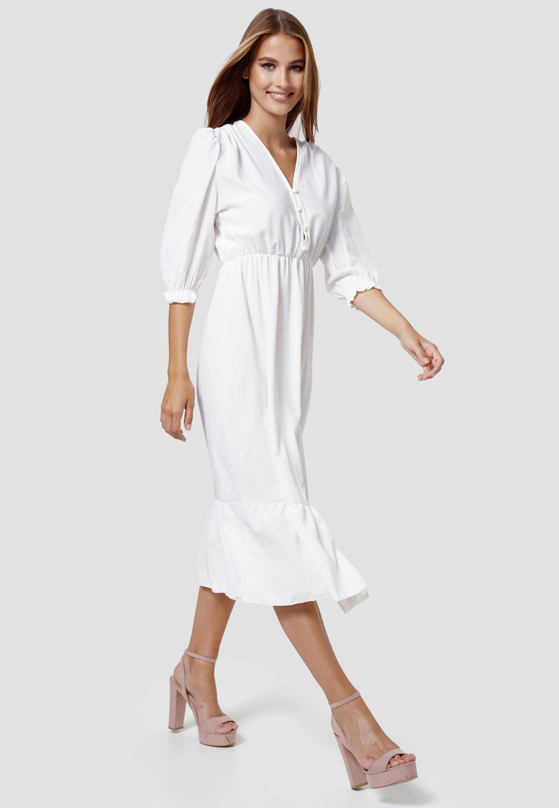 Rayshyne Sommerkleid RS15 (Romantisches Kleid mit Rüsche und Schlitz) Weiß