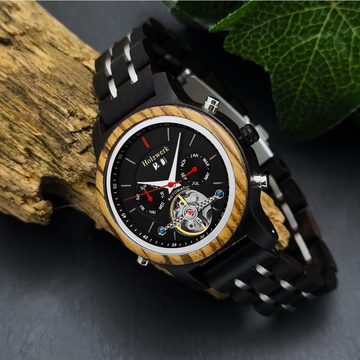 Holzwerk Automatikuhr BINGHEN Edelstahl & Holz Uhr mit Datum in schwarz, braun