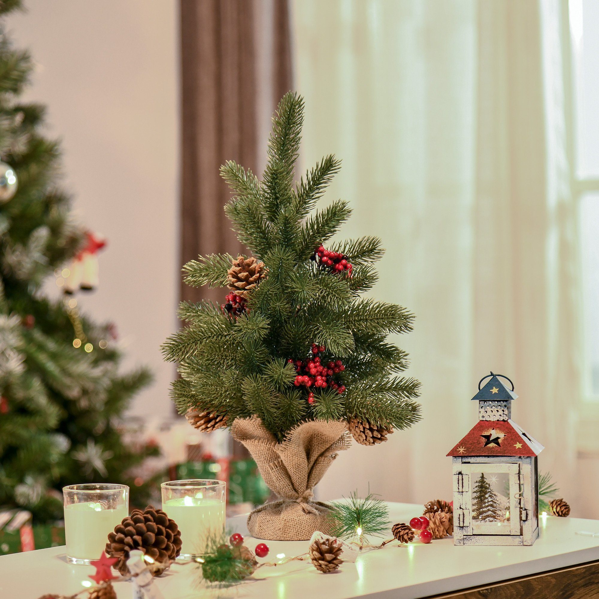HOMCOM Künstlicher Weihnachtsbaum Mini Weihnachtsbaum mit Tannenzapfen, roten Beeren, 50 cm hoch, Tanne, für Weihnachten Deko, Grün