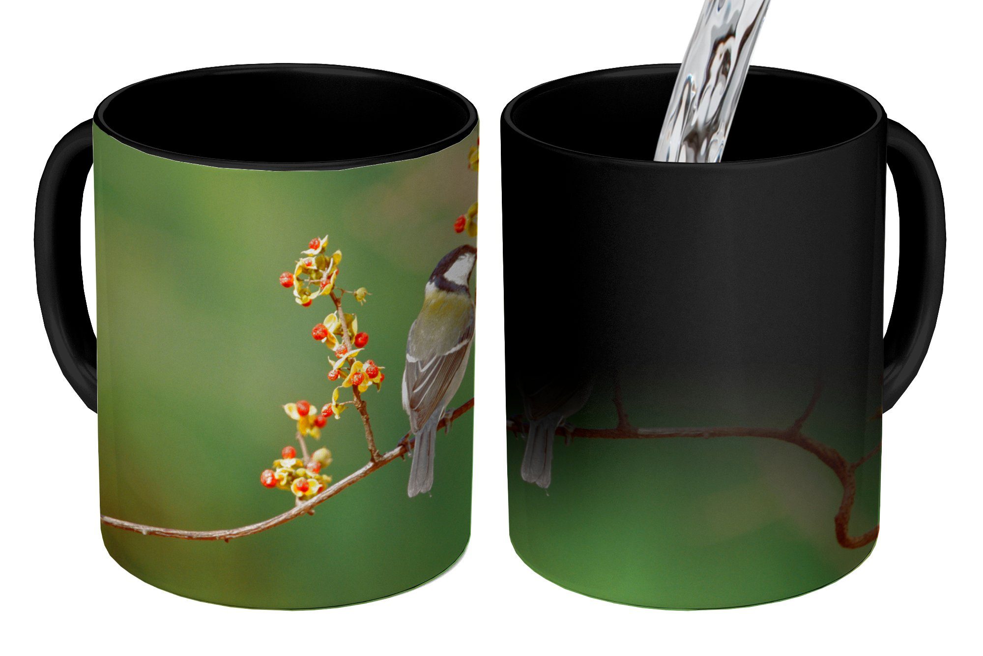 MuchoWow Tasse Kohlmeise auf einem bunten Zweig, Keramik, Farbwechsel, Kaffeetassen, Teetasse, Zaubertasse, Geschenk