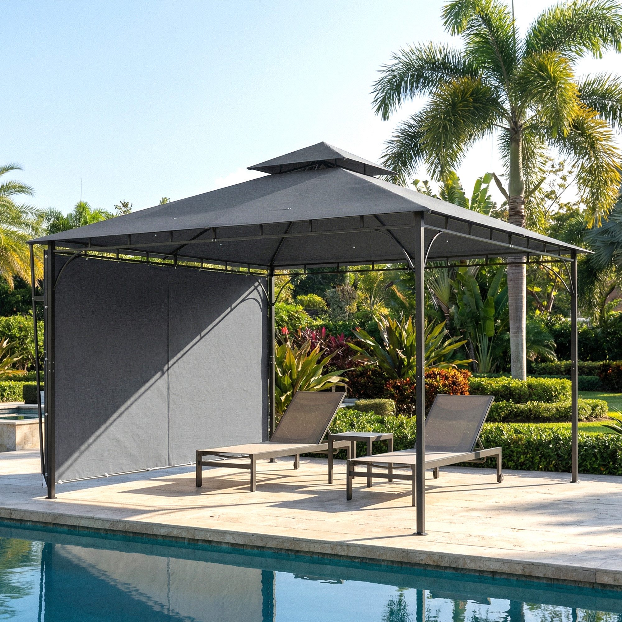 Outsunny Pavillon Stabil Winterfest mit ausziehbaren Dachüberstand Doppeldach, mit 1 Seitenteilen, (Gartenpavillon, Garten Pavillon), für Garten, Terrasse, Dunkelgrau
