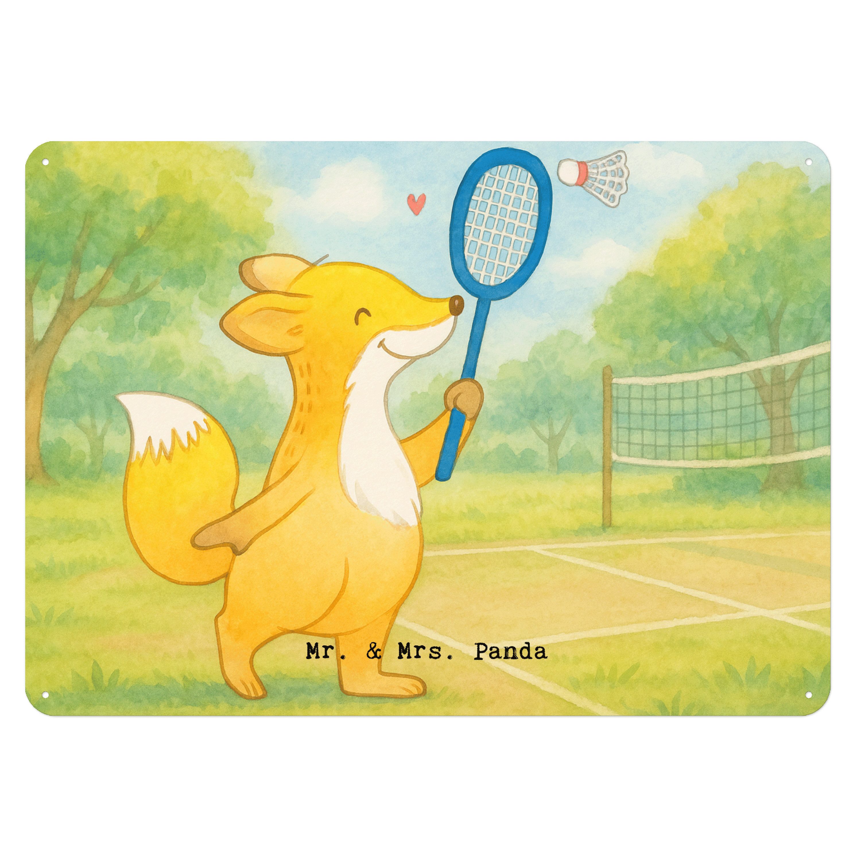 Mr. & Mrs. Panda Metallschild Fuchs Federball spielen Design, Blechschild, Weiß, Schenken, Geschenk, (Packung, 1 St), Metallschild Blechschild Modern Dekoschild Vintage