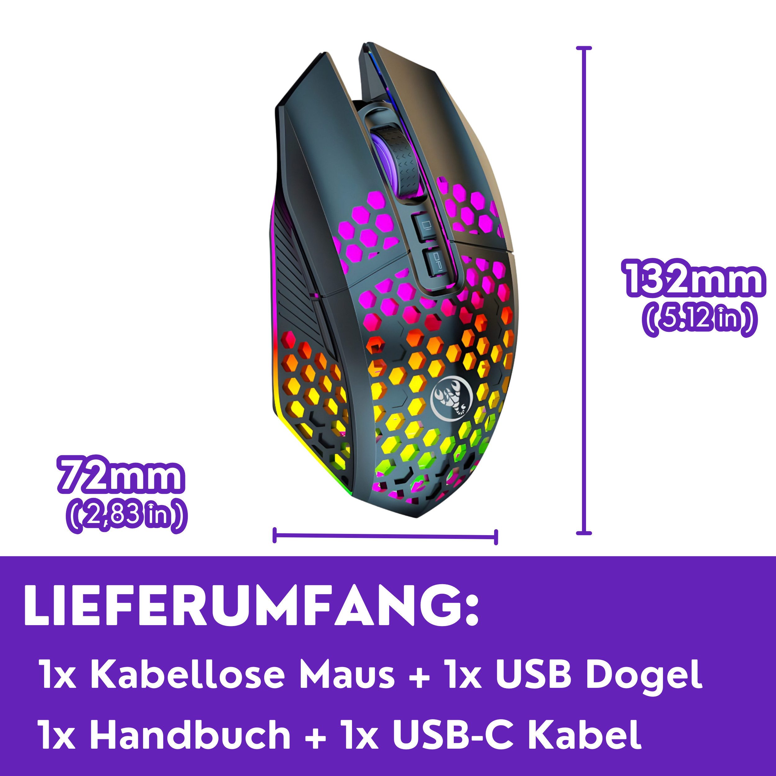 RUHE RGB Gaming Maus Kabellos Wireless Leise Weiß Schwarz USB Fixed RGB Gaming-Maus (Funk, bis zu 120h Akkulaufzeit Wireless Gamer Maus für PC, Mac, Laptop, Wei – Bild 5 von 5