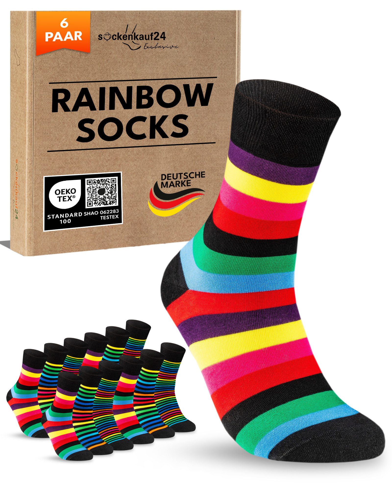 sockenkauf24 Basicsocken Damen Socken Bunt Ringelsocken Gestreift Baumwolle mit Komfortbund (6-Paar) ohne Naht
