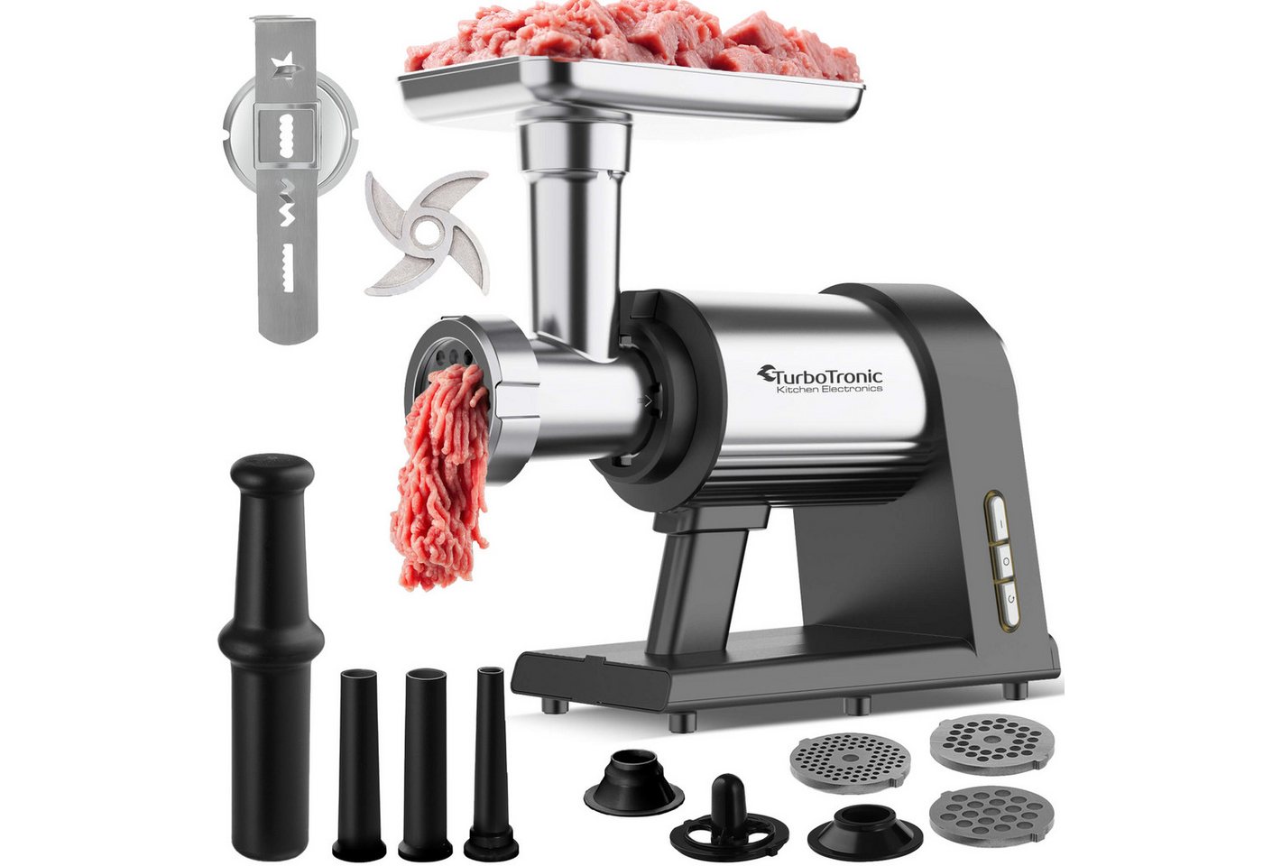 TurboTronic by Z-Line Fleischwolf 2600W mit Spritzgebäckvorsatz Metallgetriebe & Edelstahl Messer Meat, 2600 W, Grinder Mincer Wurstfüller Kebbeh Aufsatz Hackfleisch beste Maschine