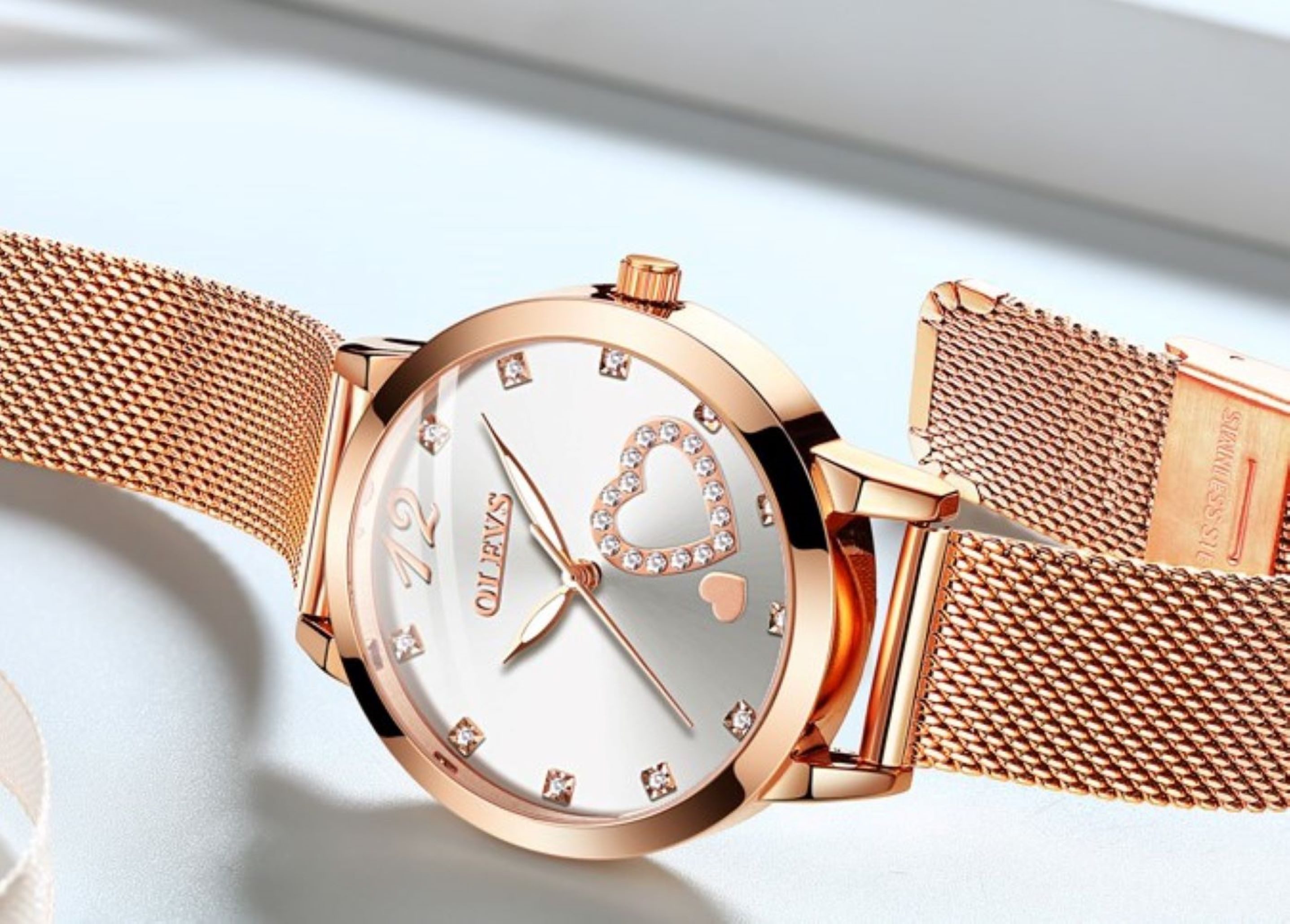 OLEVS Quarzuhr Damenuhr Olevs Roségold mit Herz-Diamant – Glamouröse Schmuckuhr