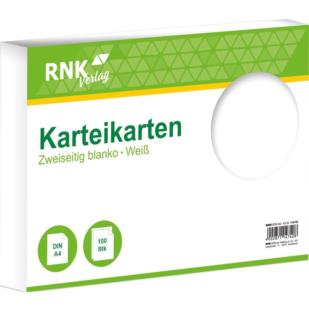 RNK Verlag Notizbuch Karteikarten DIN A4 Weiß blanko 100 Stück, Lernkarten