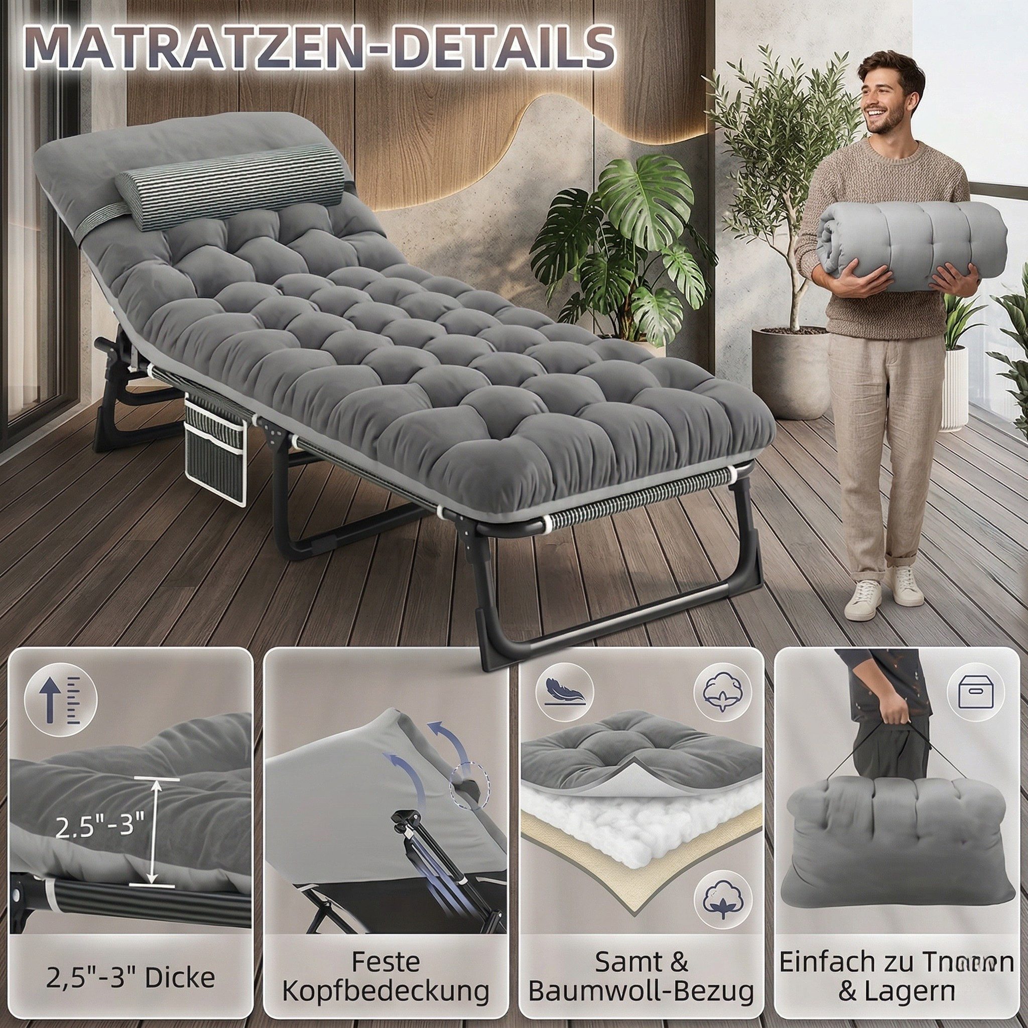 Norvéa Home Gartenliege Klappbett faltbar Gästebett Campingliege verstellbar 150kg, Komplett-Set, Faltbar, verstellbar, gepolstert, stabil, platzsparend