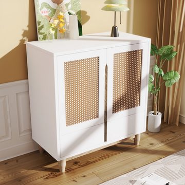 Merax Kommode mit Rattantüren und Schubladen, Sideboard Landhaus, Highboard, Eckkommode