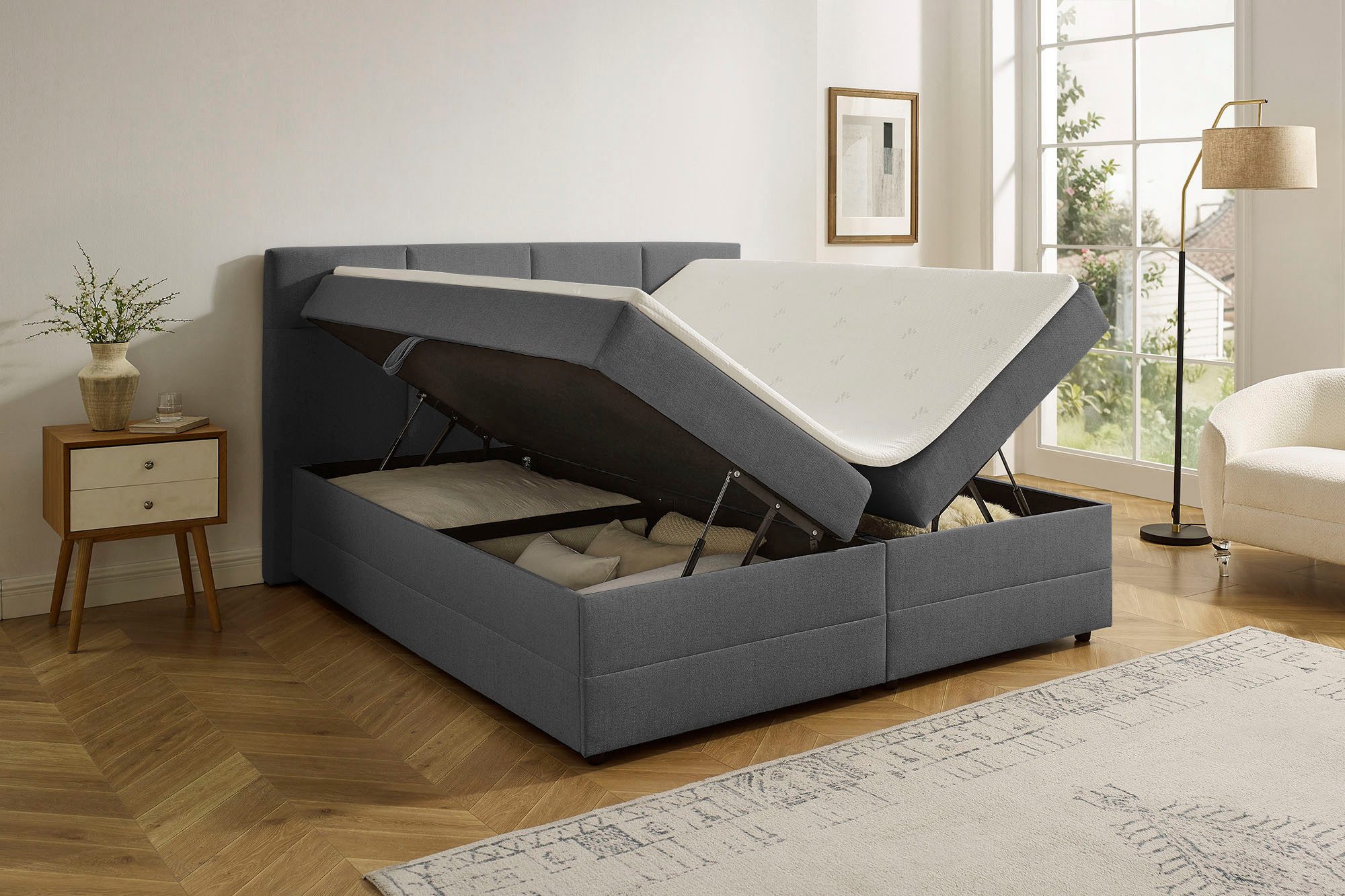 OTTO home Boxbett FILLMORE, Polsterbett mit Bettkasten und Taschenfederkernmatratze H3, mit Kaltschaumtopper, Strukturstoff-Bezug, 140x200 & 180x200 cm