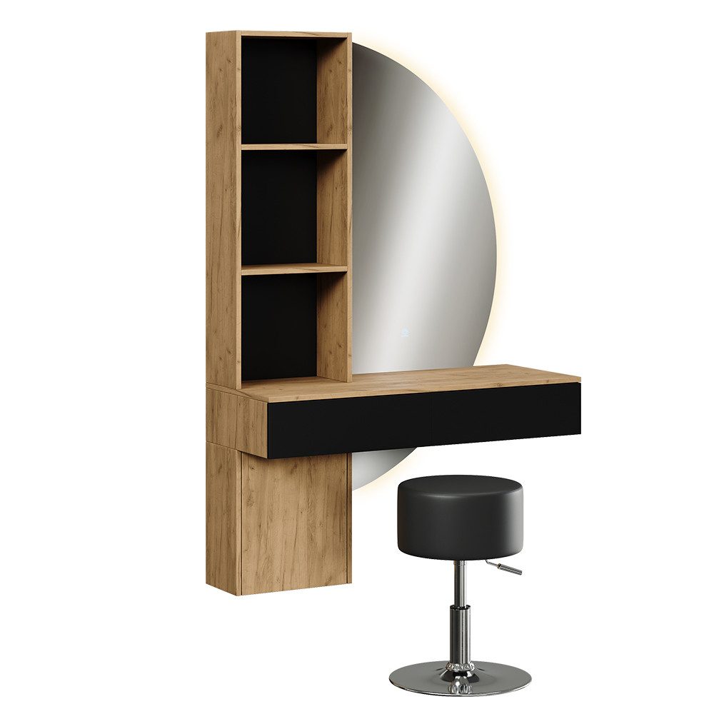 Vicco Schminktisch Melora, Eiche/Schwarz, 100 cm mit LED-Spiegel und Hocker (3-St)