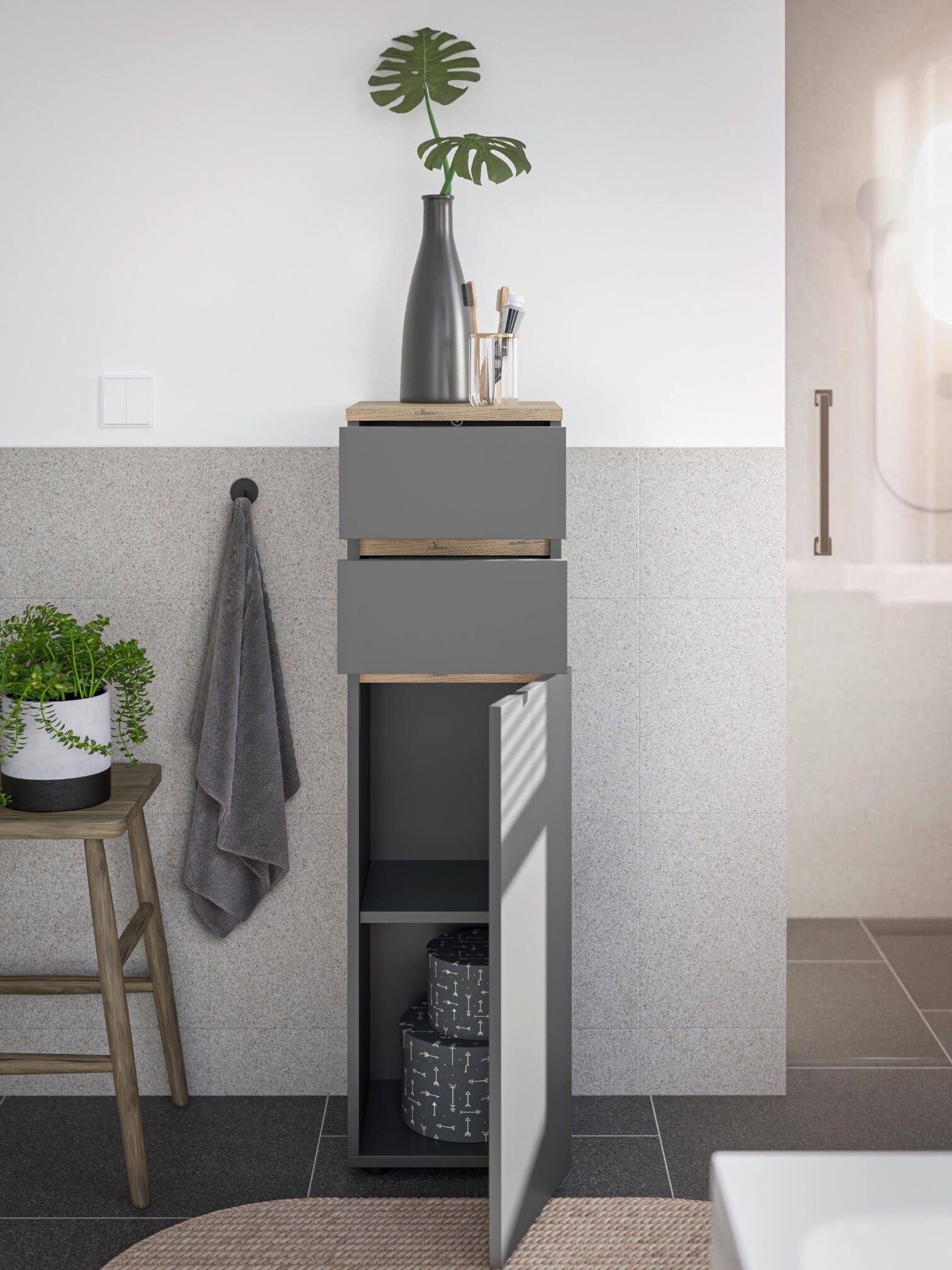 moebel-dich-auf Badkommode LONDRES (Badezimmerschrank Badschrank, mit 1 Tür und 2 Schubkästen, BxH 30x108 cm), in kaschmir oder anthrazit, Absetzung: Cremona Eiche