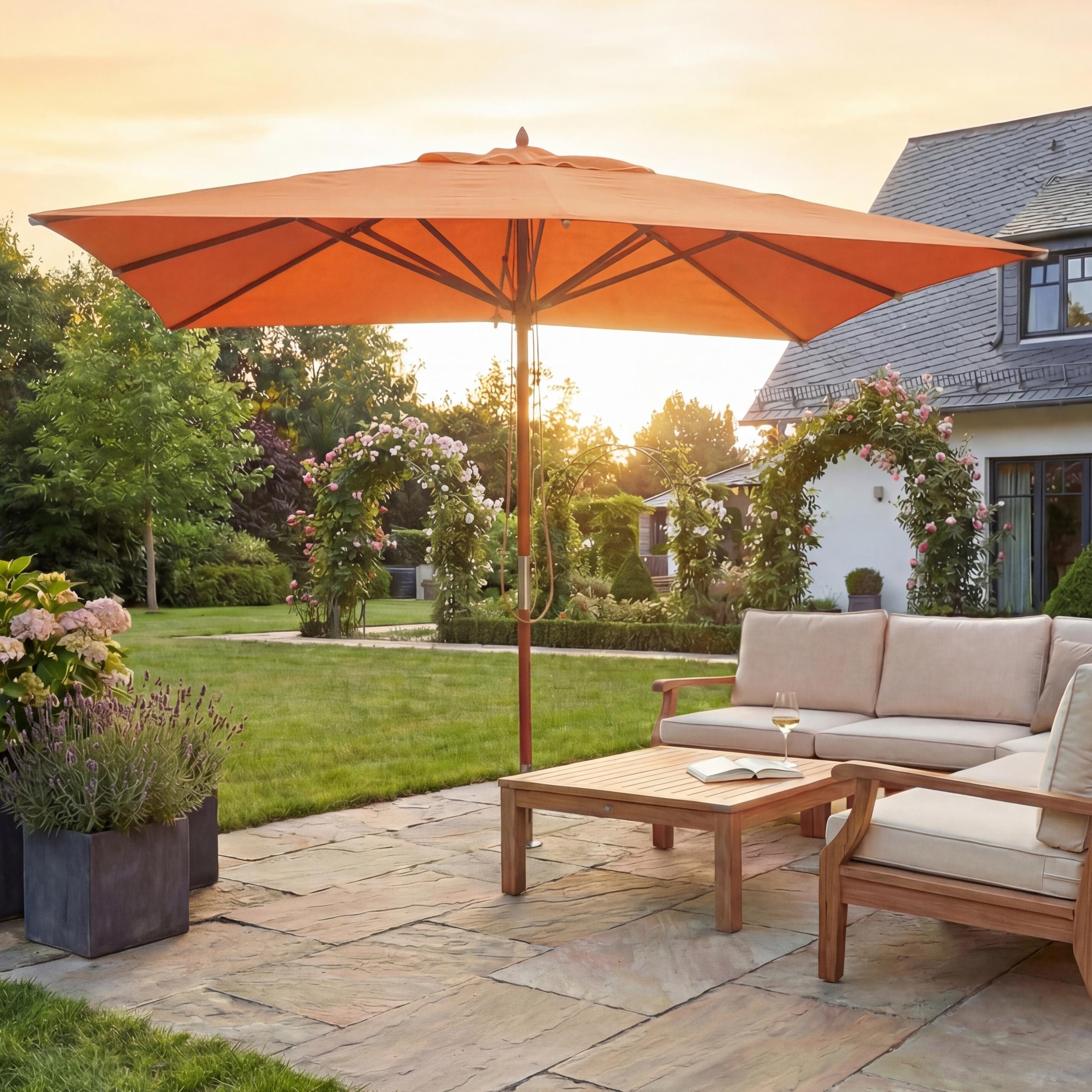 MCW Sonnenschirm MCW-C57, Wasser-, und schmutzabweisender Stoff, Winddach, Holz-Gestell