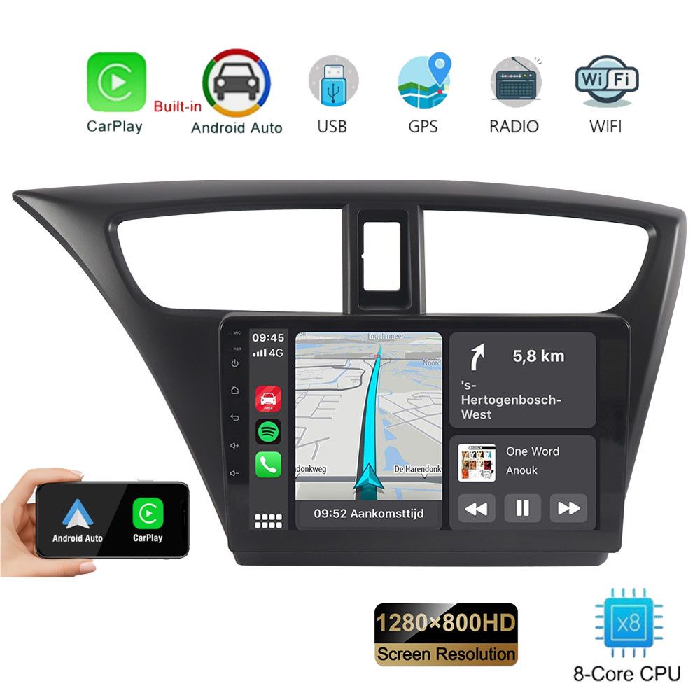 A-Sure Für Honda Civic IX 2012-2017 8Core & 4+64G Carplay Android 15 Navi DSP Autoradio (Digitalradio (DAB), FM, AM, 1280*800 IPS Screen/8-Core CPU)