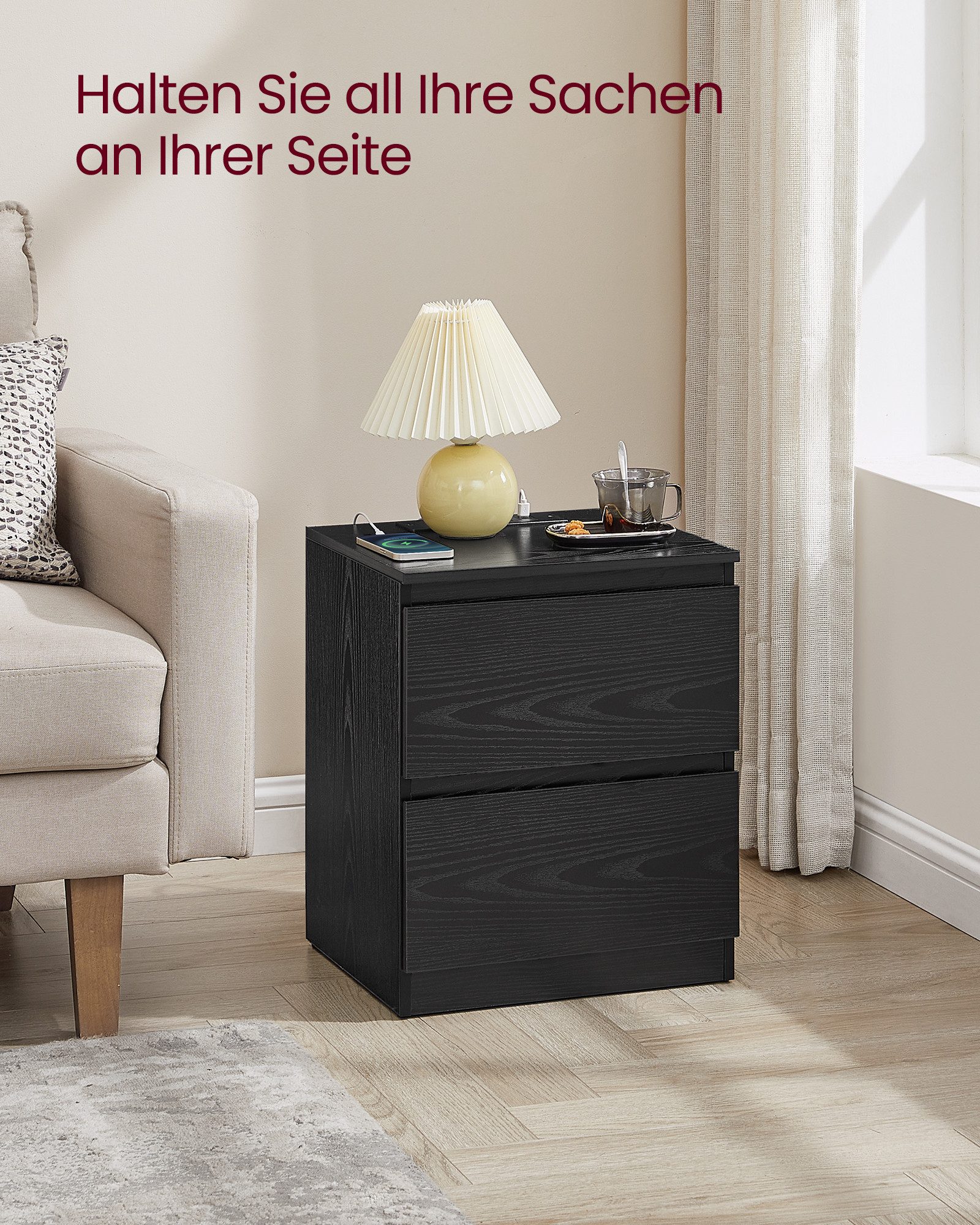 VASAGLE Nachttisch (2-St), Nachttisch mit Steckdosenleiste, Beistelltisch, 2 Schubladen, modern