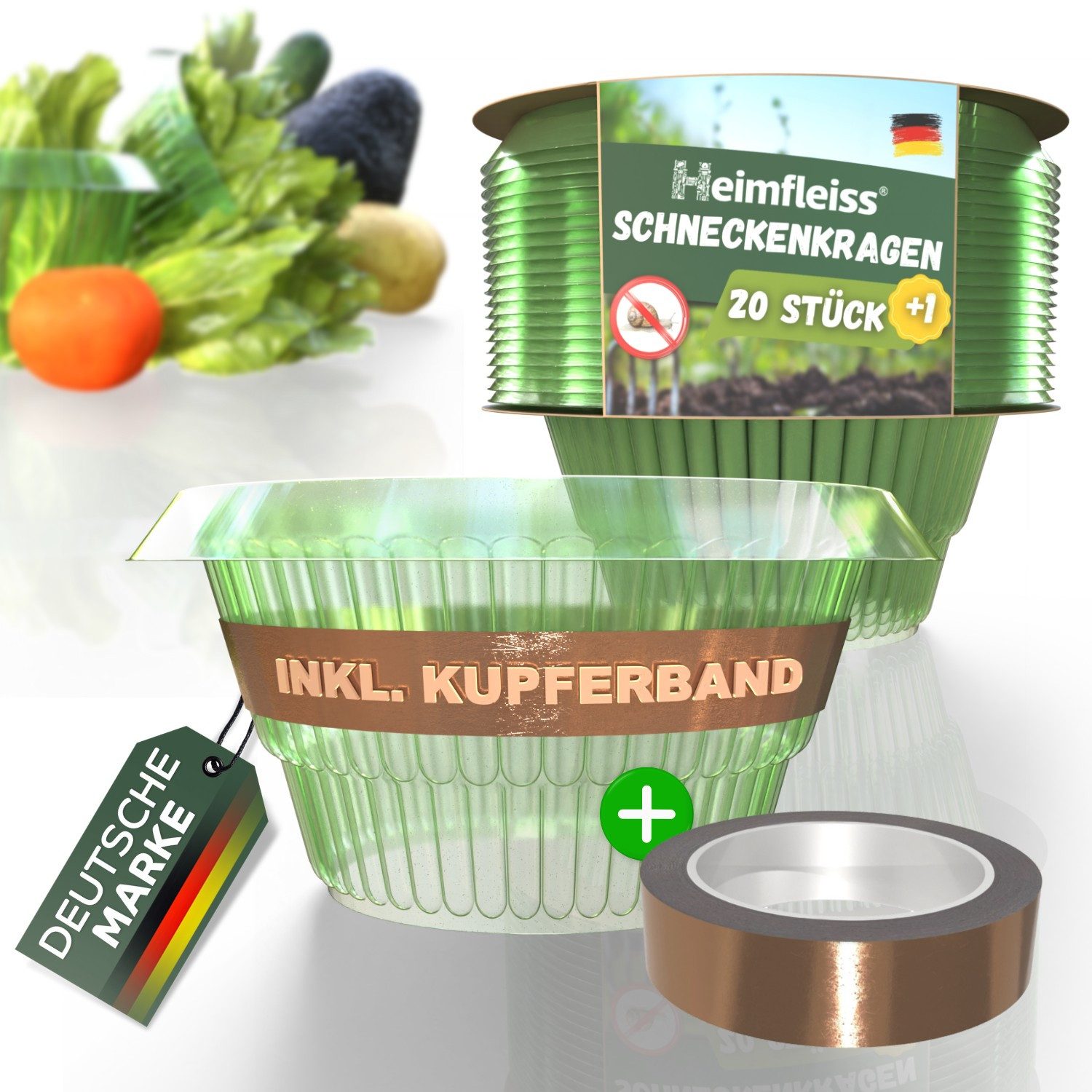 Heimfleiss® Gartenpflege-Set Schneckenkragen mit Kupferband Schneckenschutzring, Grün Ø14 cm - 21 Stück: grüner Schneckenschutz für 21 Pflanzen