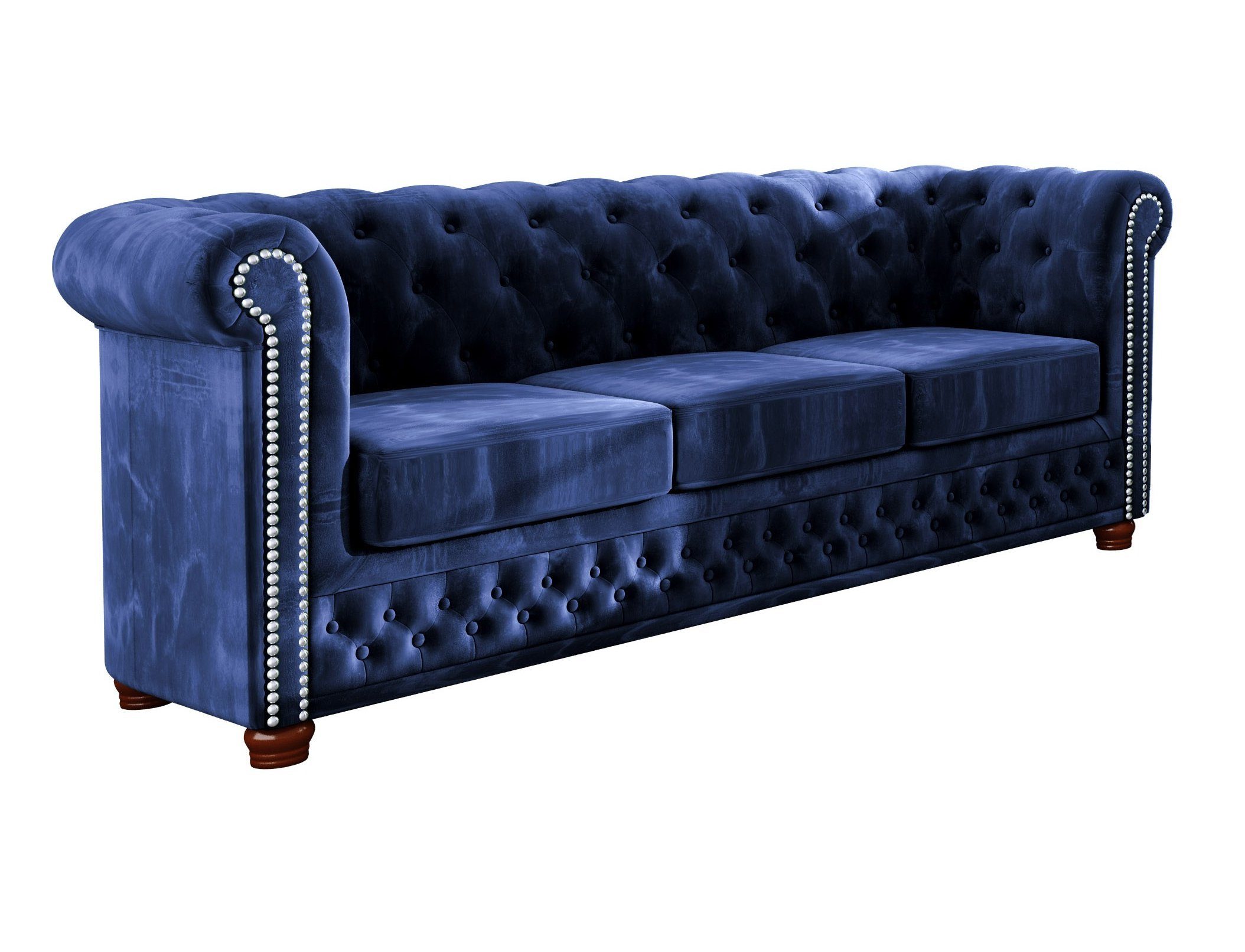 3-Sitzer-Sofa, Möbel 3+2+1, 1x mit S-Style Marineblau Wellenfederung Chesterfield Leeds 1x (1x 2-Sitzer-Sofa, Polstergarnitur Sessel),