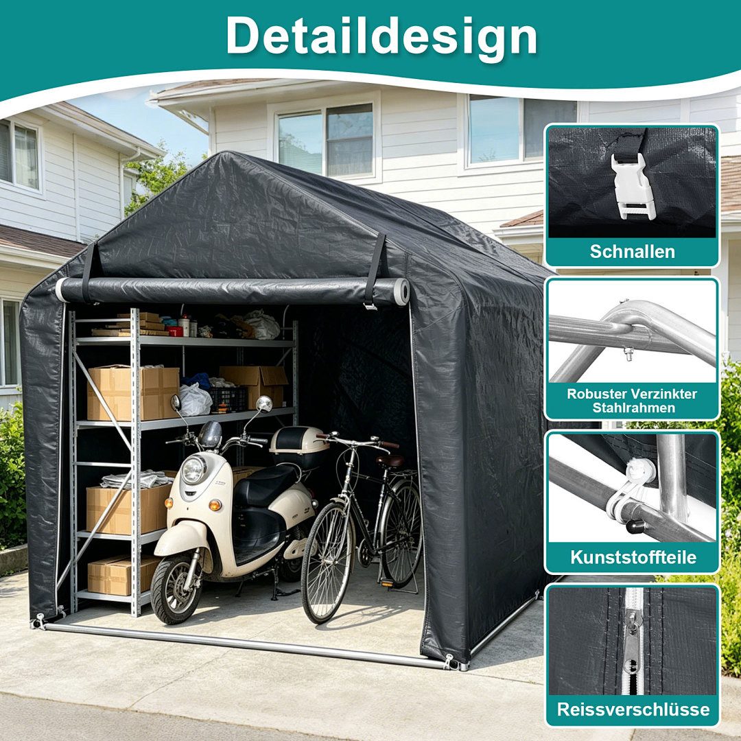 Clanmacy Gerätehaus XL Garagenzelt Motorradgarage 218x157x166cm, 160g PE, Stahlrahmen, BxT: 157x218 cm, Verstärktes verzinktes Stahlgestell, 160g PE-Gewebe, UV- – Bild 5 von 5