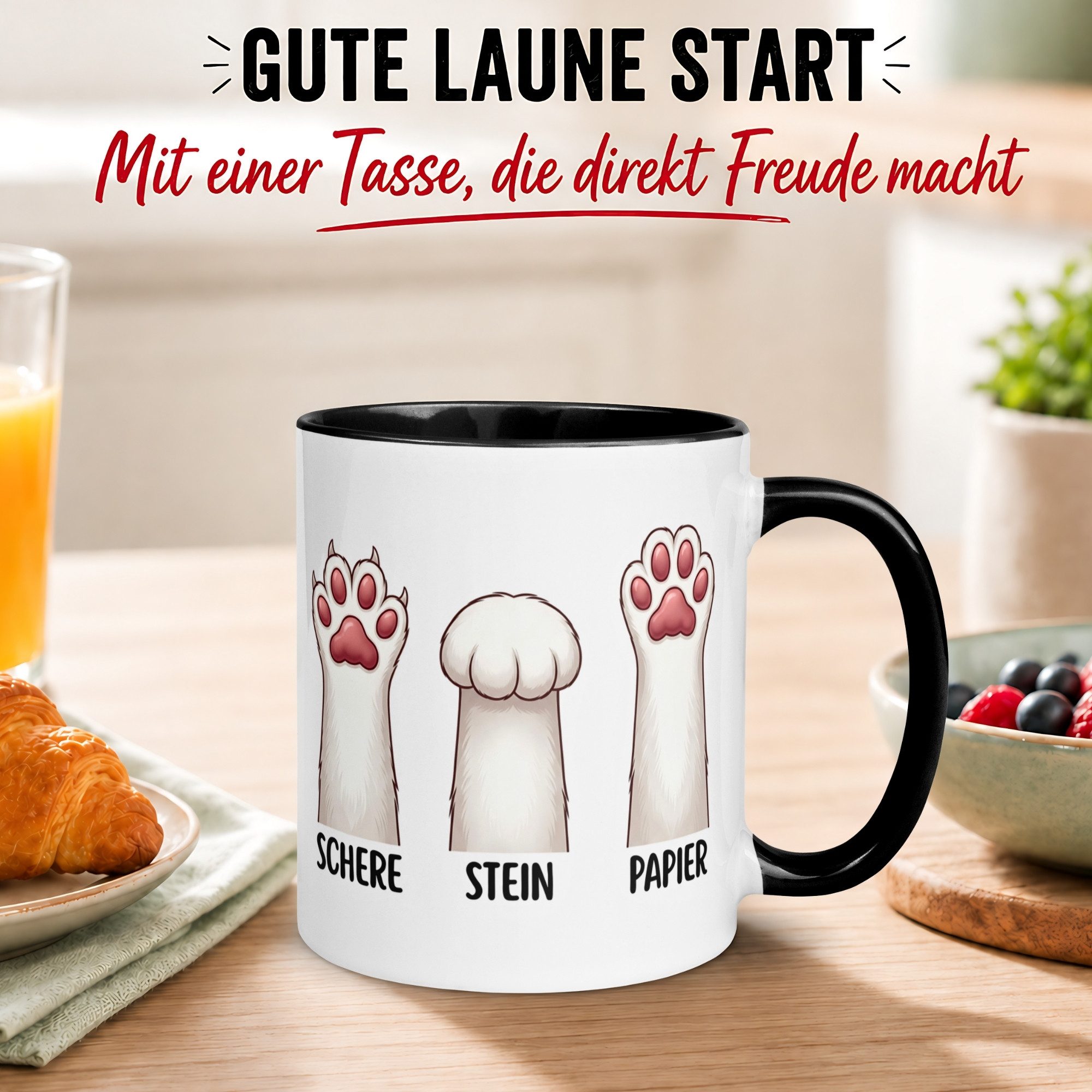 Momentals Tasse Katze – „Schere - Stein - Papier“ – lustiger Katzen Geschenk Becher, Gratis Versand · Links-&Rechtshänder · Spülmaschinenfest