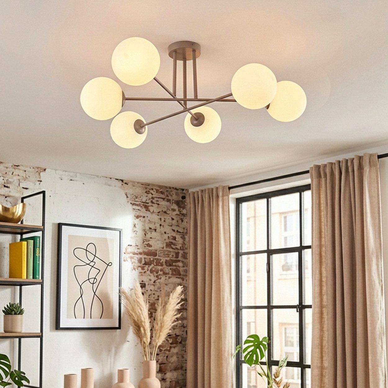 hofstein Deckenleuchte Deckenlampe aus Metall/Milchglas in Sandfarben/Weiß, ohne Leuchtmittel, Deckenleuchte im modernen Retro/Vintage-Design, 6 x E14