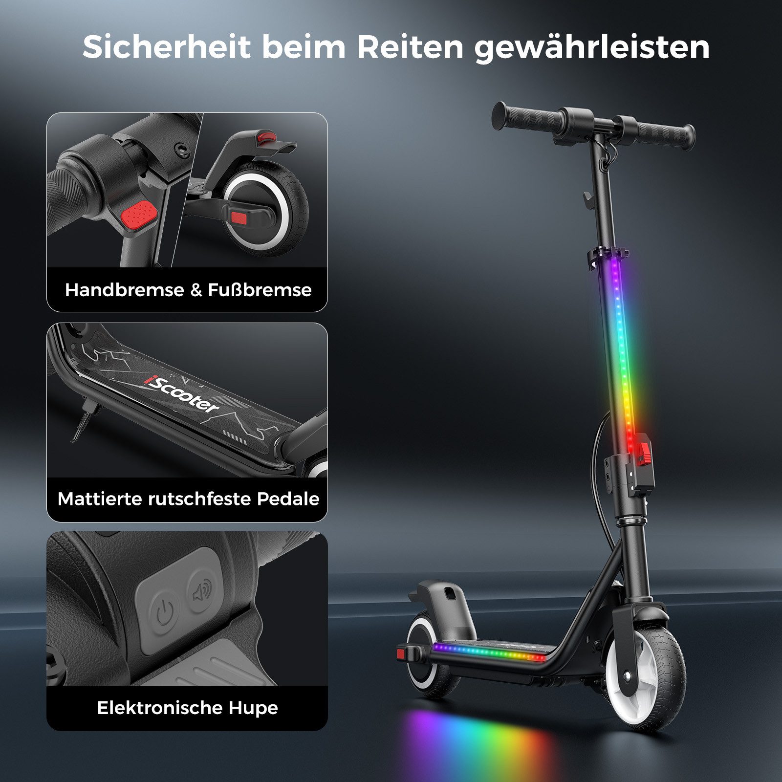 iscooter electric children's scooter, e-scooter for children 6-12 years, up to 13 km, 4.5Ah, (1-piece), 19km/h, colorful lights, stylish design