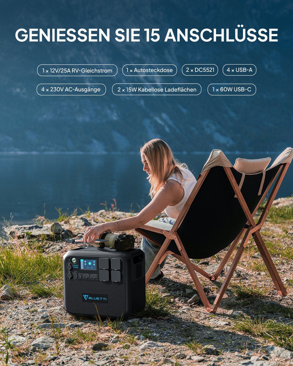 BLUETTI Stromerzeuger AC200MAX Tragbares Kraftwerk 2200W/2048Wh, 2,20 in kW, (packung, 1-tlg., 4 2200W AC Steckdose, Erweiterbare Kapazität bis zu 8192Wh), Stromspeicher Notstromaggregat für Stromausfall, Reise