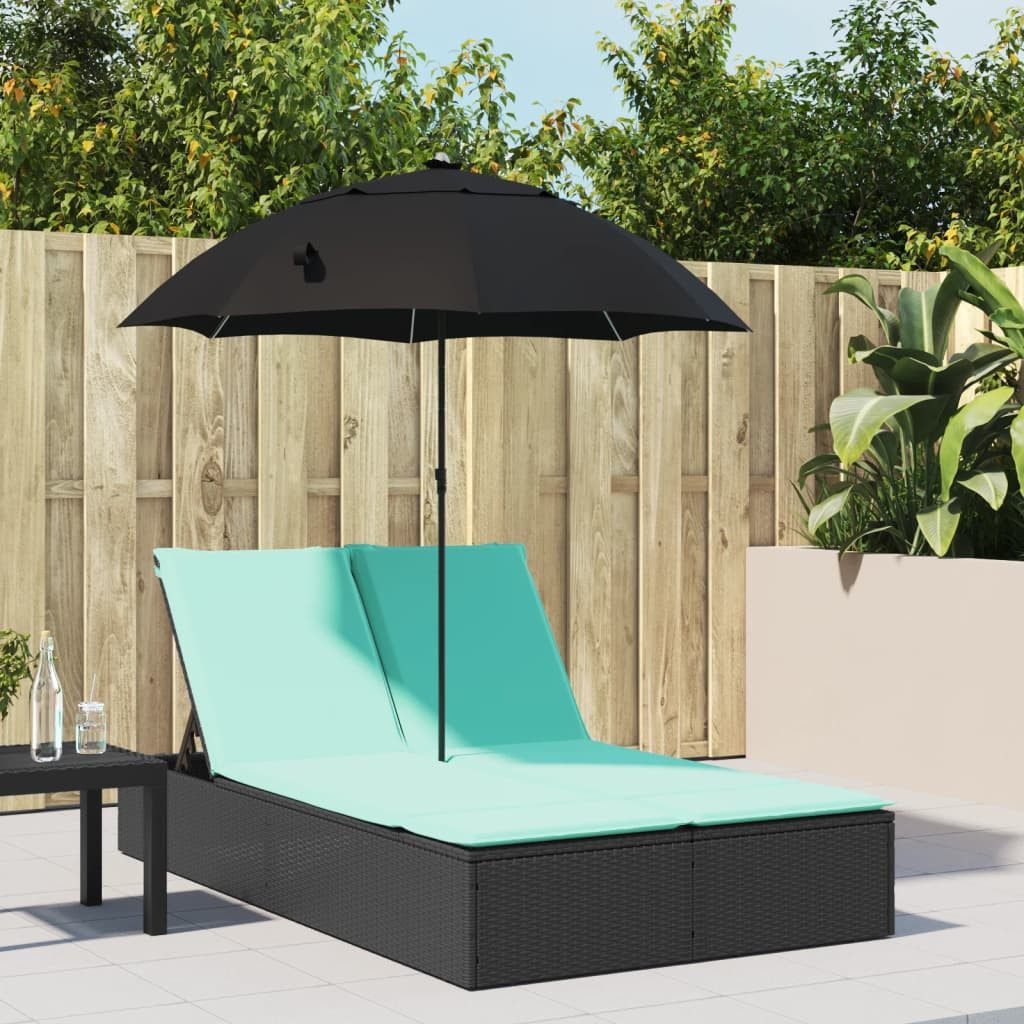 vidaXL Gartenliege Doppel-Sonnenliege mit Kissen&Sonnenschirm Schwarz Poly Rattan, 1 St.