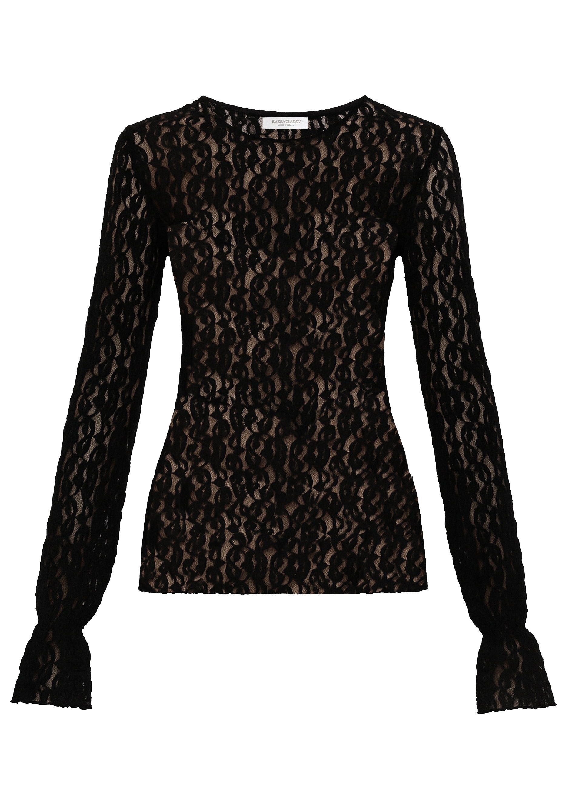 SASSYCLASSY Langarmshirt Spitzenshirt mit Volantärmeln Damen Transparentes Langarmshirt mit floralem Muster und Rundhalsausschnitt