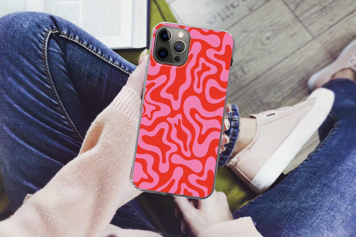 MuchoWow Handyhülle für Apple iPhone 13 Pro Max Abstrakt - Muster - Rot - Rosa - Minimalis, Smartphone-Bumper, Print, Handy Schutzhülle Dünn