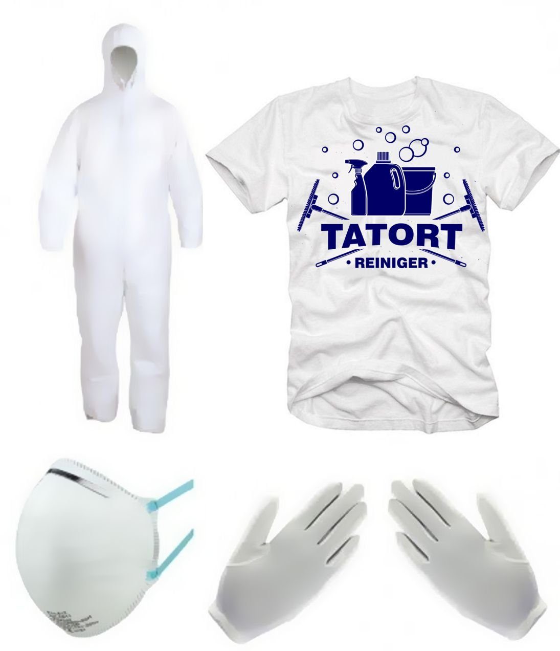 coole-fun-t-shirts Kostüm TATORTREINIGER Kostüm 3 Teile Overall, T-Shirt, Handschuhe