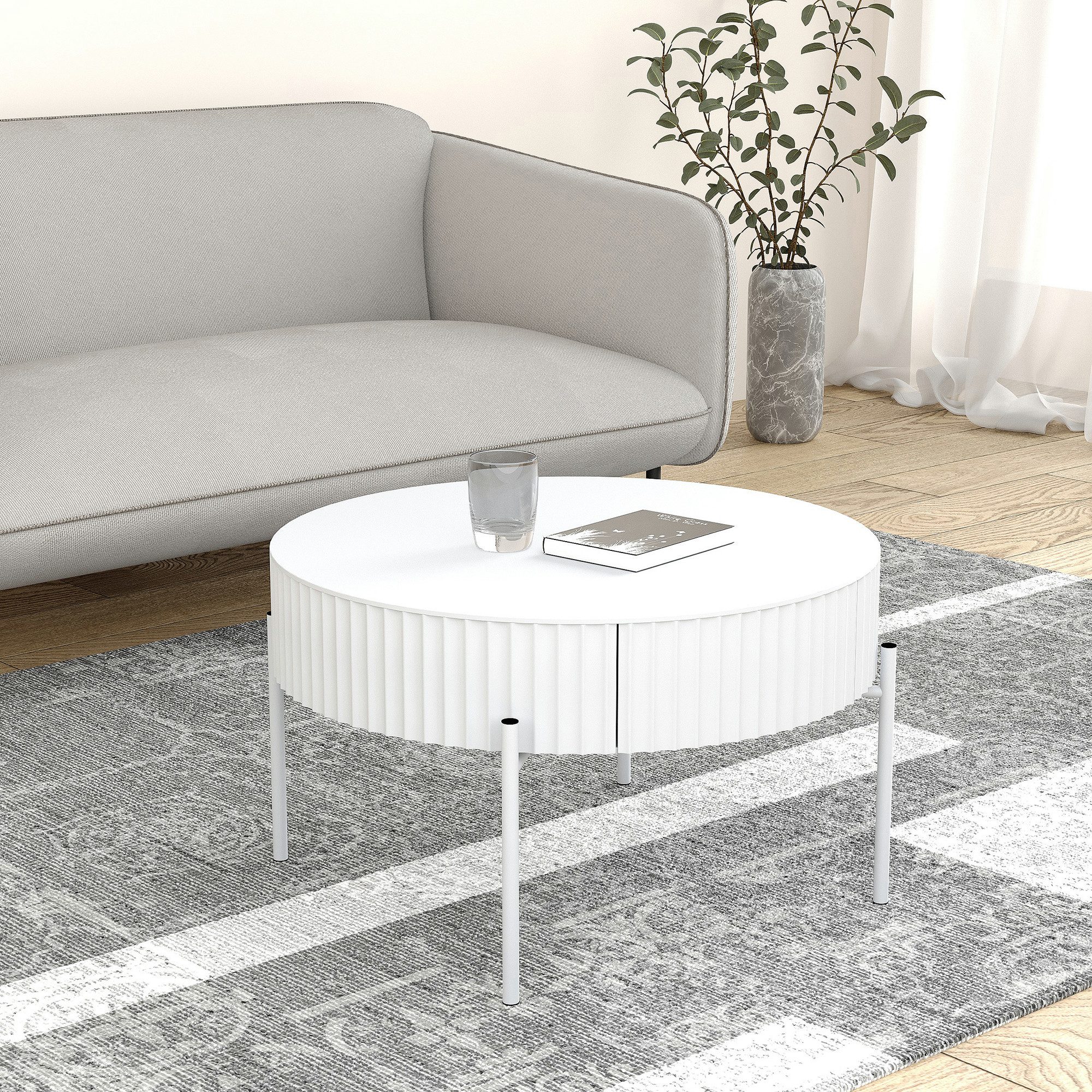 en.casa Couchtisch, »Rill« mit Schublade rund Metallbeine 36 x Ø60 cm Weiß günstig online kaufen