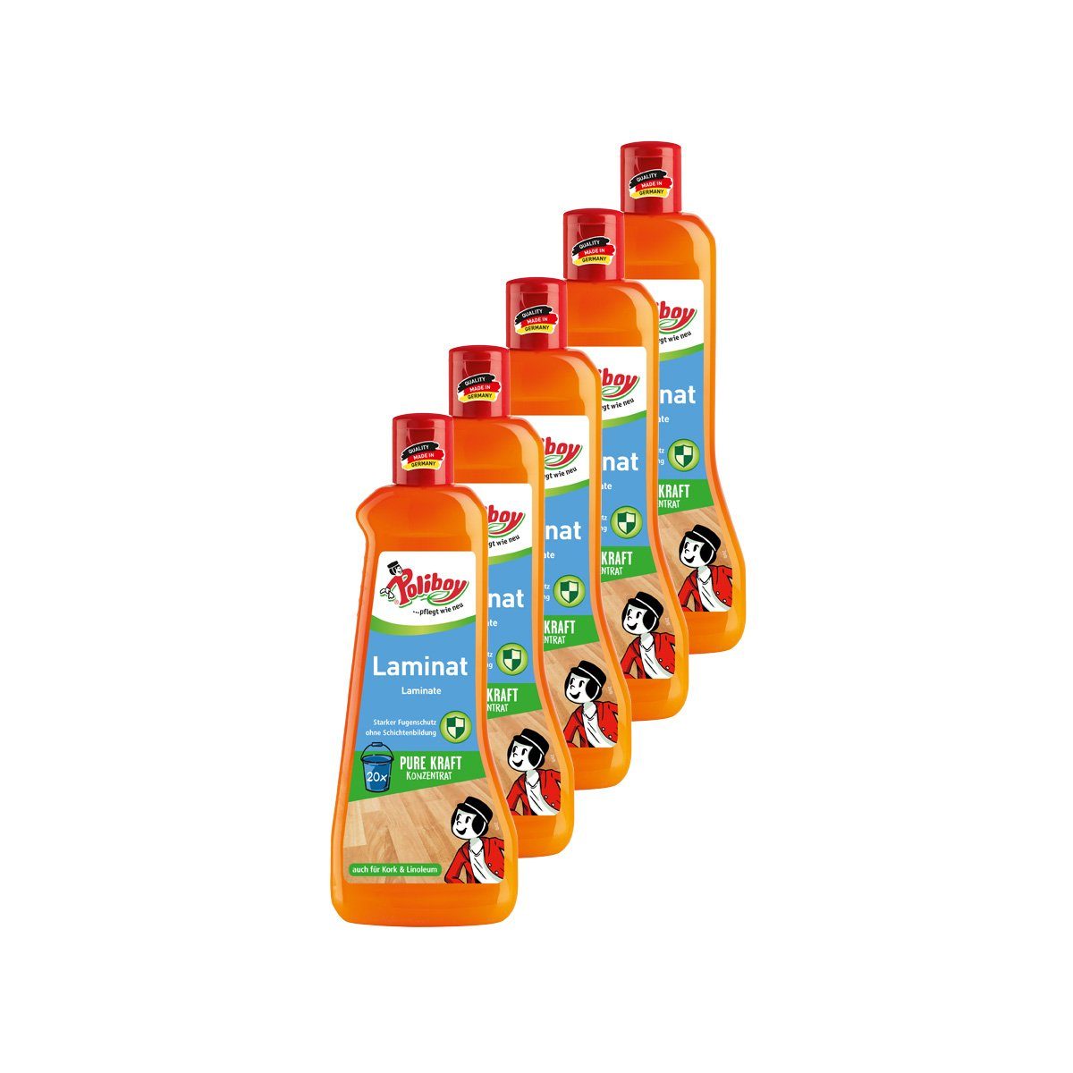 poliboy Laminat Pflege Konzentrat mit Orangenöl - 2,5 Liter - Laminatreiniger (auch für Kork und Linoleum - Kraftvoll/Streifenfrei - Made in Germany)