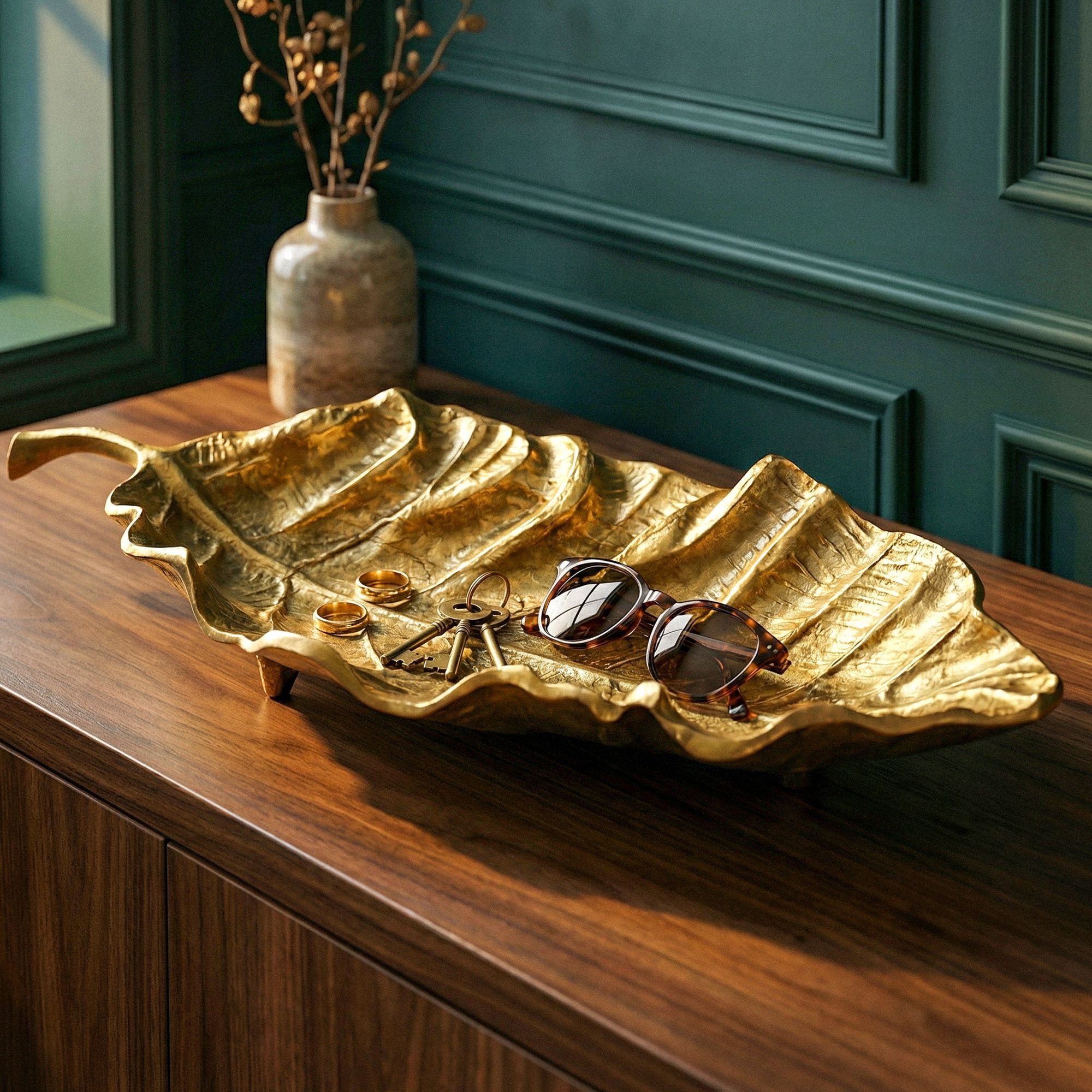 FINEBUY Dekoschale FB77821 Wohnaccessoire Gold 67cm Tischdeko Metallschale Aluschale (Elegante Blattform mit natürlicher Struktur), Dekoratives Wohnaccessoire für moderne Räume