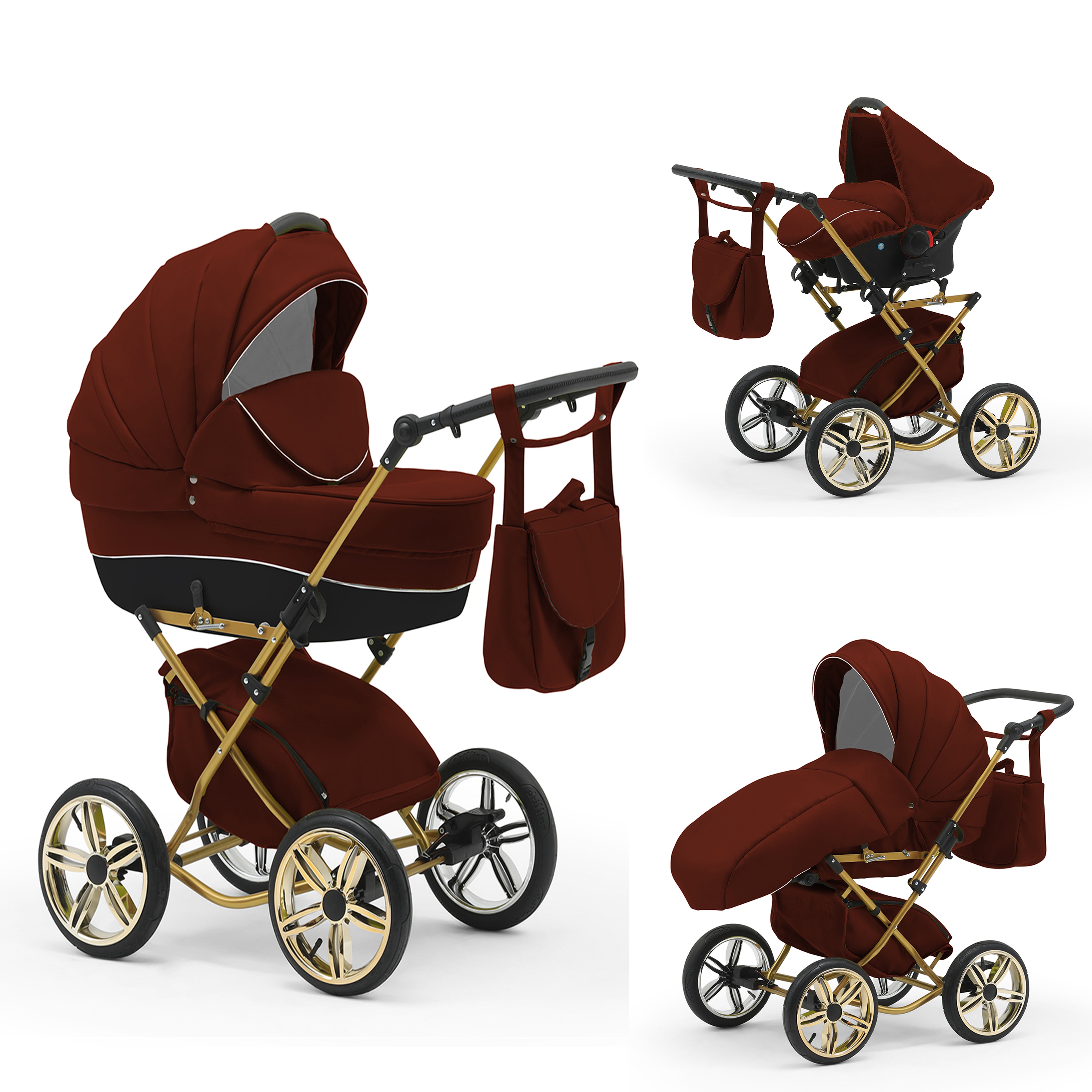 babies-on-wheels Kombi-Kinderwagen Sorento 3 in 1 inkl. Autositz - 13 Teile - in 10 Designs Bordeaux | Kombikinderwagen