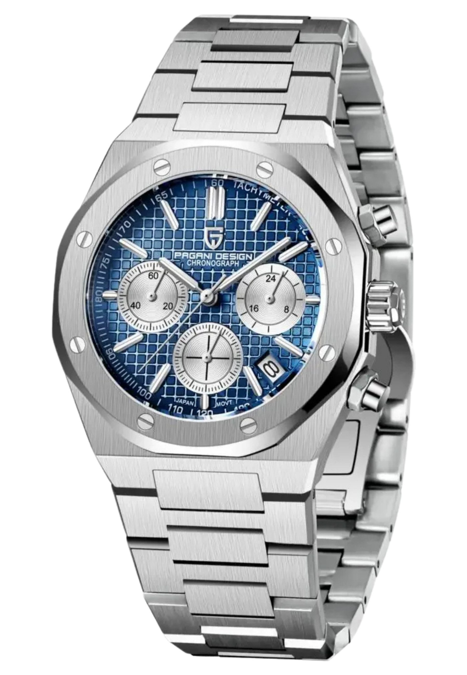 Pagani Design Quarzuhr Herren Uhr Chronograph Armbanduhr Edelstahl Blau Schwarz Wasserdicht, (Packung, Pagani), Chronograph, Edelstahlgehäuse, Saphirglas, Leuchtzeiger 40mm