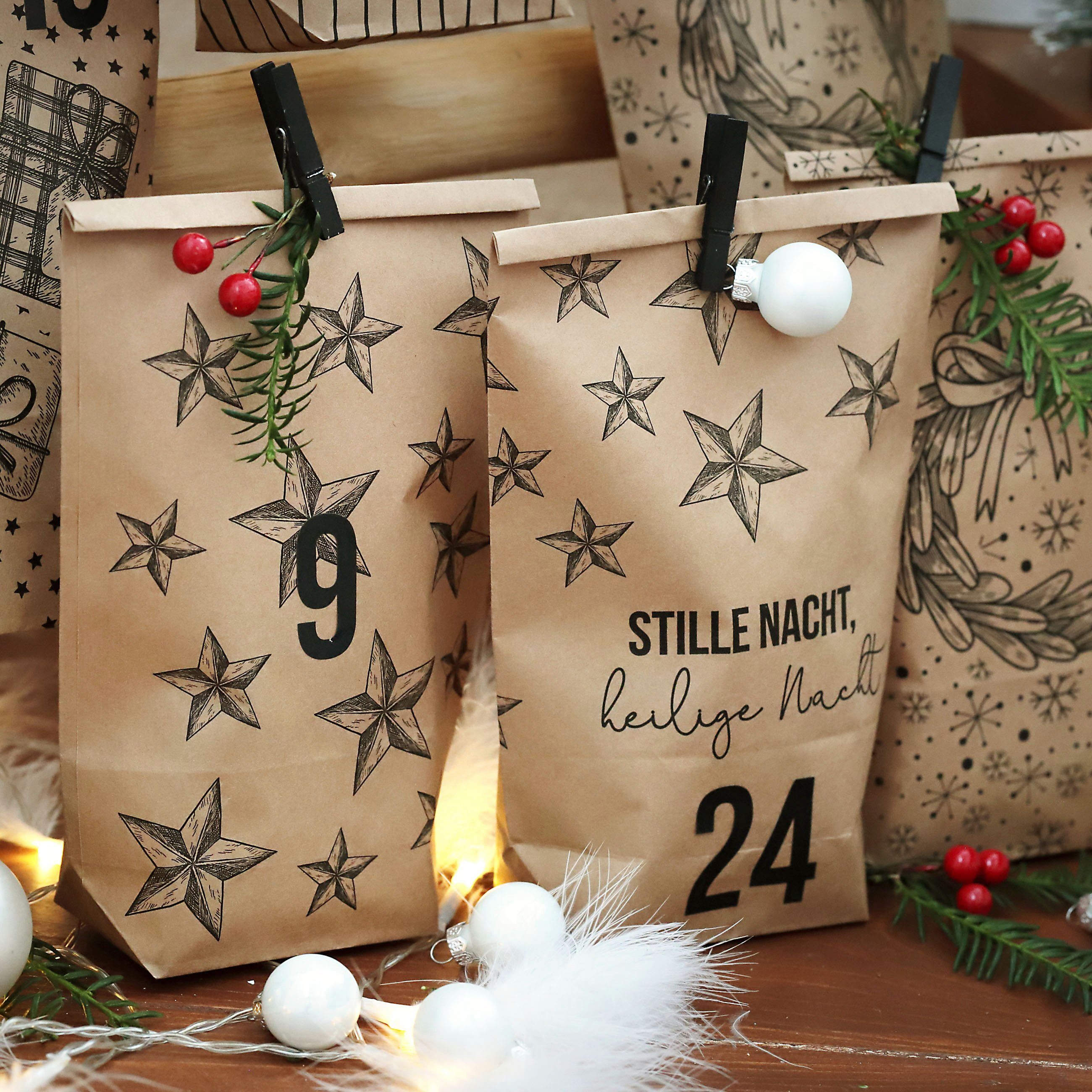 PAPIERDRACHEN befüllbarer Adventskalender DIY Adventskalender - 24 Geschenktüten, 24 Zahlenaufkleber & Klammern – Bild 5 von 5
