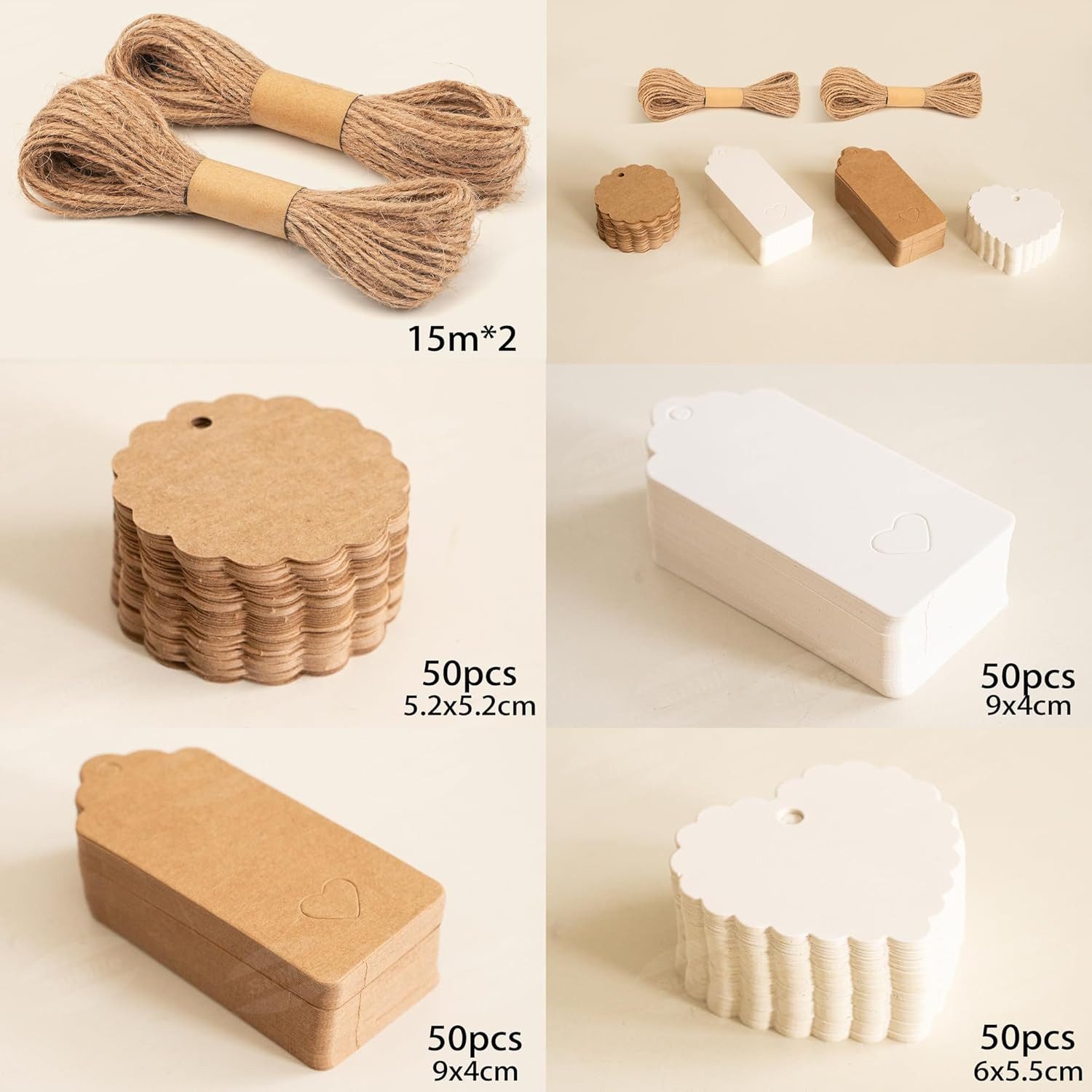 FOUORTUNATE-BEE Etiketten 200 Stück Etiketten Kraftpapier mit 30 Meter Jute Schnur, für Handmade, Geschenkdeko, Hochzeit Geschenk Weihnachten – Bild 2 von 5