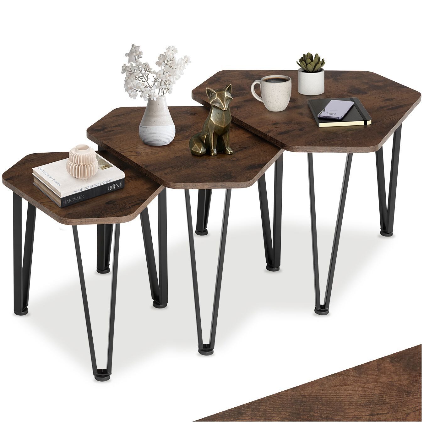 tectake Beistelltisch Ablagetisch, stapelbar, mit höhenverstellbaren Kunststofffüßen (Sofatisch Torquay, 1-St., in Industrial Holz dunkel, rustikal), 3-teilig, Industrial Style, Holz und Stahl, sechseckige Tischplatten