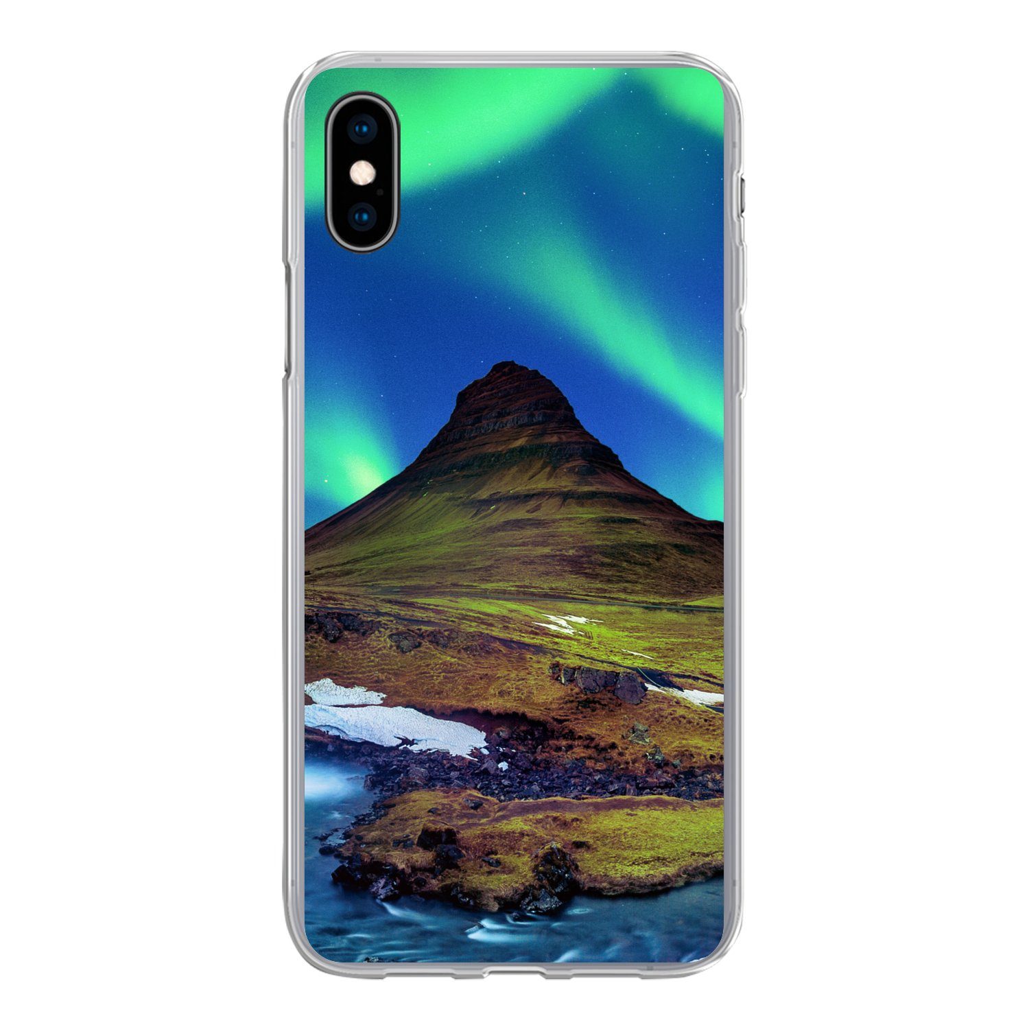 MuchoWow Handyhülle für Apple iPhone XS Nordlicht - Sternenhimmel - Island - Berg - Grün -, Smartphone-Bumper, Print, Handy Schutzhülle Dünn