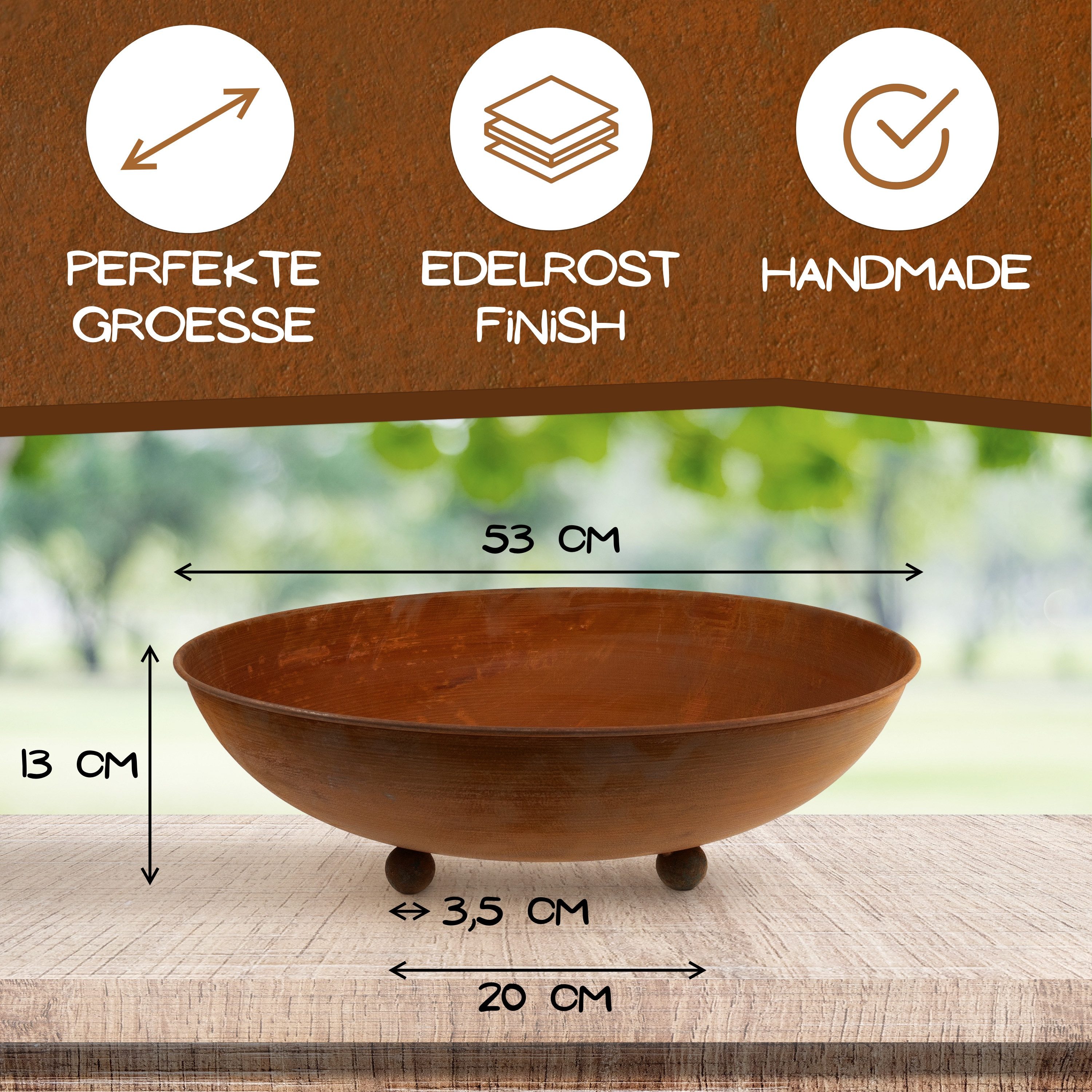 Rostikal Pflanzschale Blumenschale Ø 53 cm Cortenstahl – Edelrost Gartenschale, Mit Ablaufloch – pflegefrei & frostfest; Variante: auf Kugeln/ohne