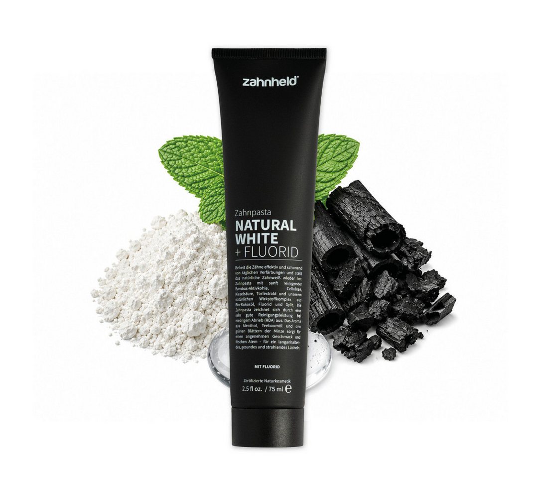 Zahnheld Zahnpasta Natural White Zahncreme mit Aktivkohle & Flourid - für hellere Zähne, Zahnpflege mit Torfextrakt, Bambus-Aktivkohle, Kieselsäure & Cellulose