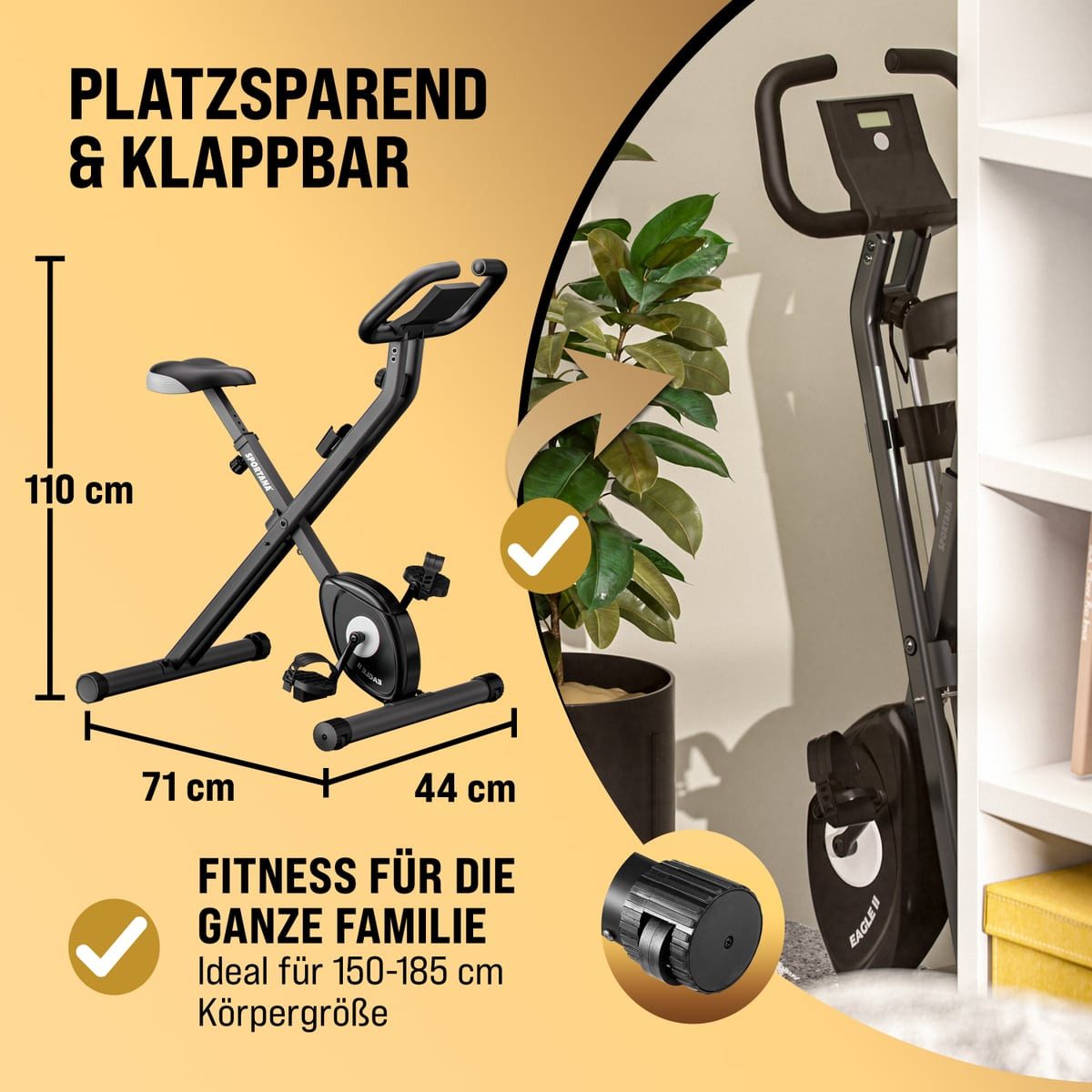Sportana Heimtrainer Eagle 2, Klappbar Fitnessfahrrad 16 Stufen 7 Sitzhöhen LCD Display 2 Fahrrad