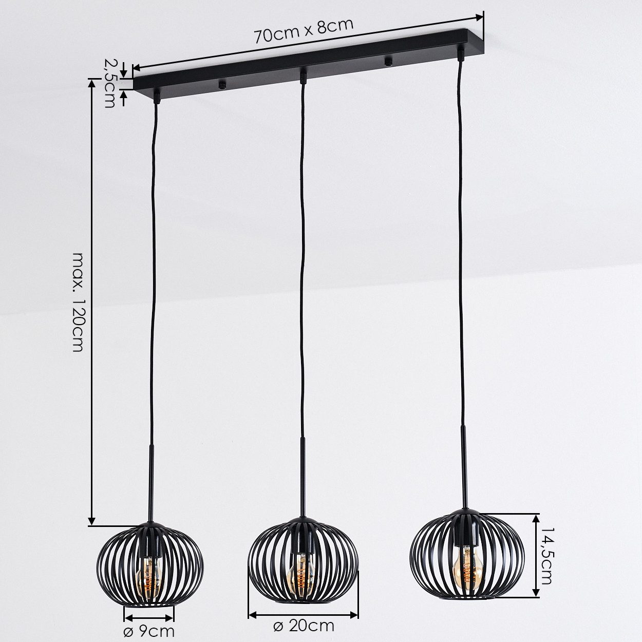 hofstein Hängeleuchte Hängelampe aus Metall in Schwarz, Pendelleuchte im Retro/Vintage-Design (Schirme Ø 20 cm), 3 x E27 – Bild 4 von 5