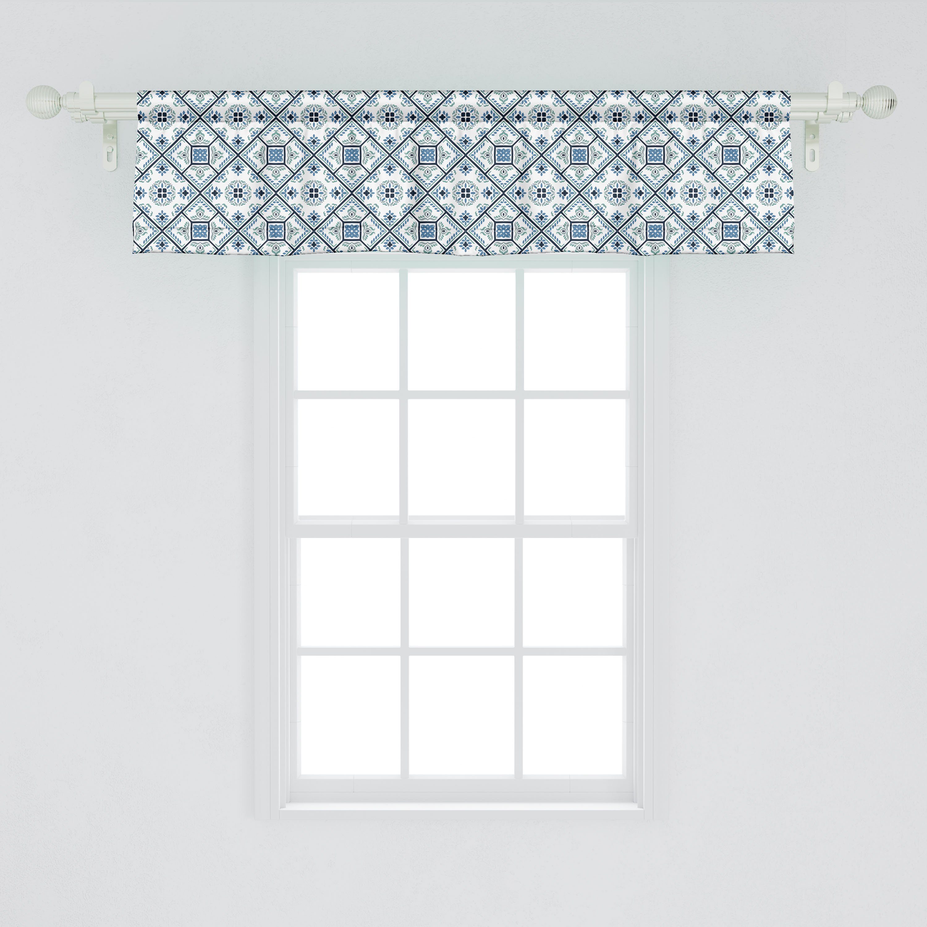Bläulich Vorhang Microfaser, mit Dekor Volant Abakuhaus, Azulejos für Küche Schlafzimmer Stangentasche, Ethnische Scheibengardine Blumenmotiv