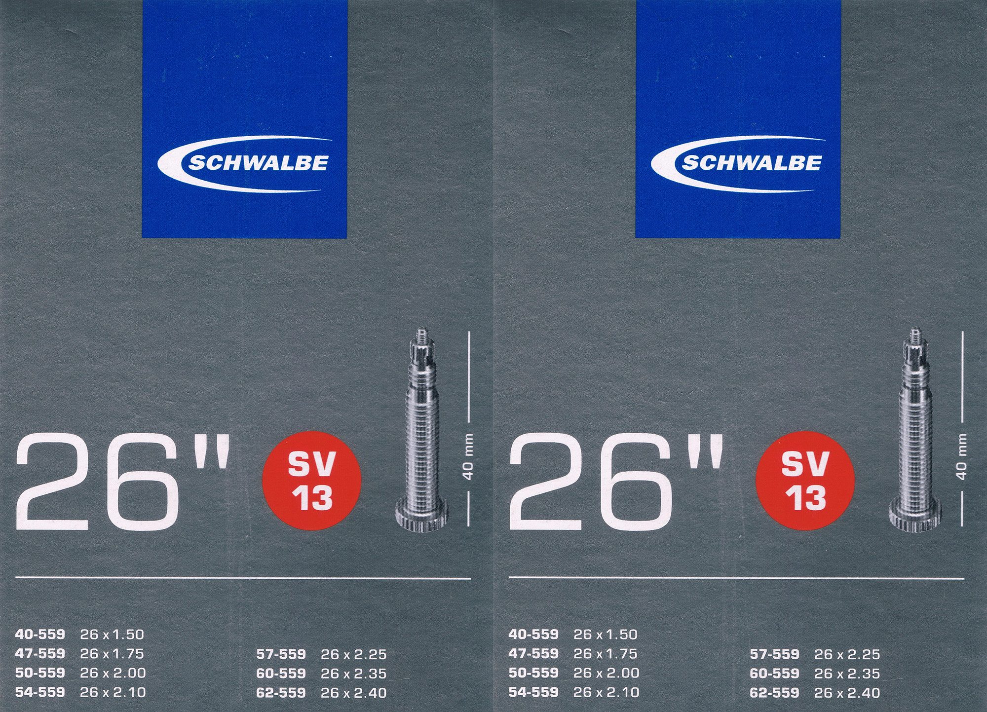 Fahrradschlauch 2x Schwalbe SV 13 Schlauch 26" 559 Ventil: Französisch Sclaverand SV13
