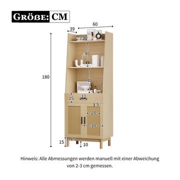 Merax Vitrine mit Rattantüren und Einlegeböden Highboard Landhaus mit Schublade, Bücherschrank, Sideboard, Kippschutz