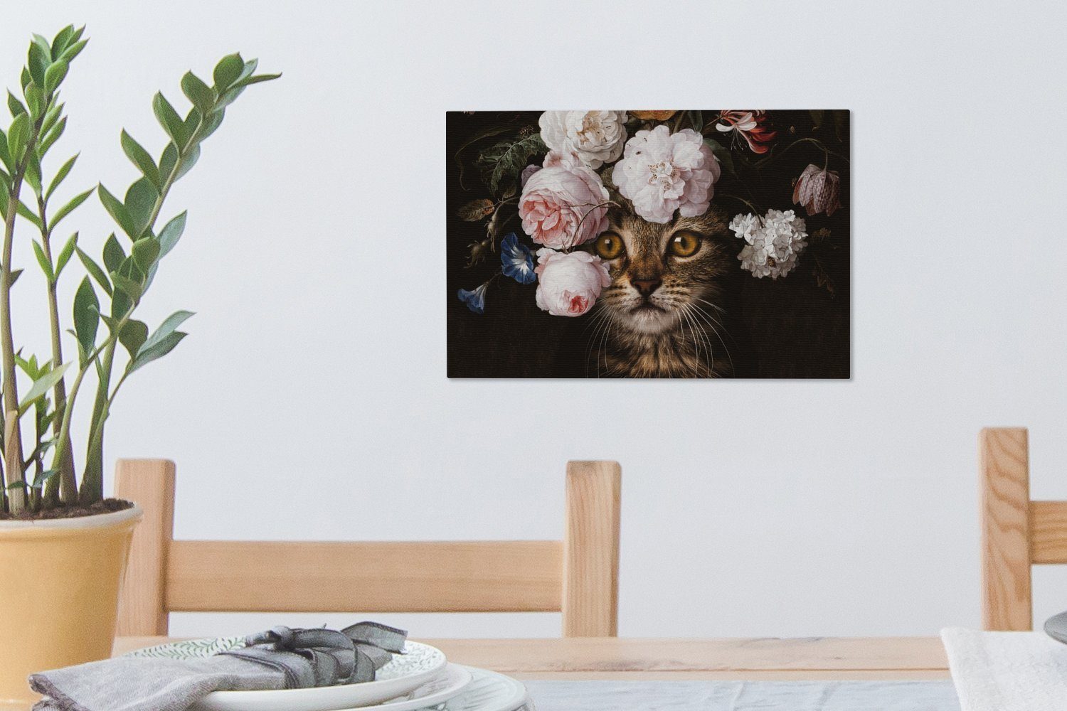 - 30x20 Leinwandbilder, OneMillionCanvasses® (1 Gemälde Wandbild cm - St), Kunst, Katze Wanddeko, Aufhängefertig, Blumen